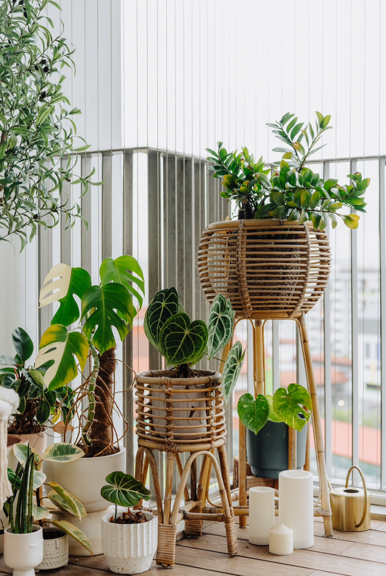 Our 10sqm Balcony: Outdoor Oasis That Makes Our DBSS Look Like A Condo - Green potted plants, bamboo wicker furniture, white