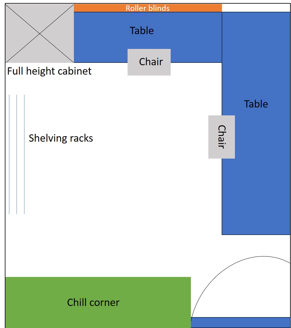 Self Design Work & Gaming Space - Full height cabinet, Roller blinds, Table, Chair, Shelves, Chill corner
