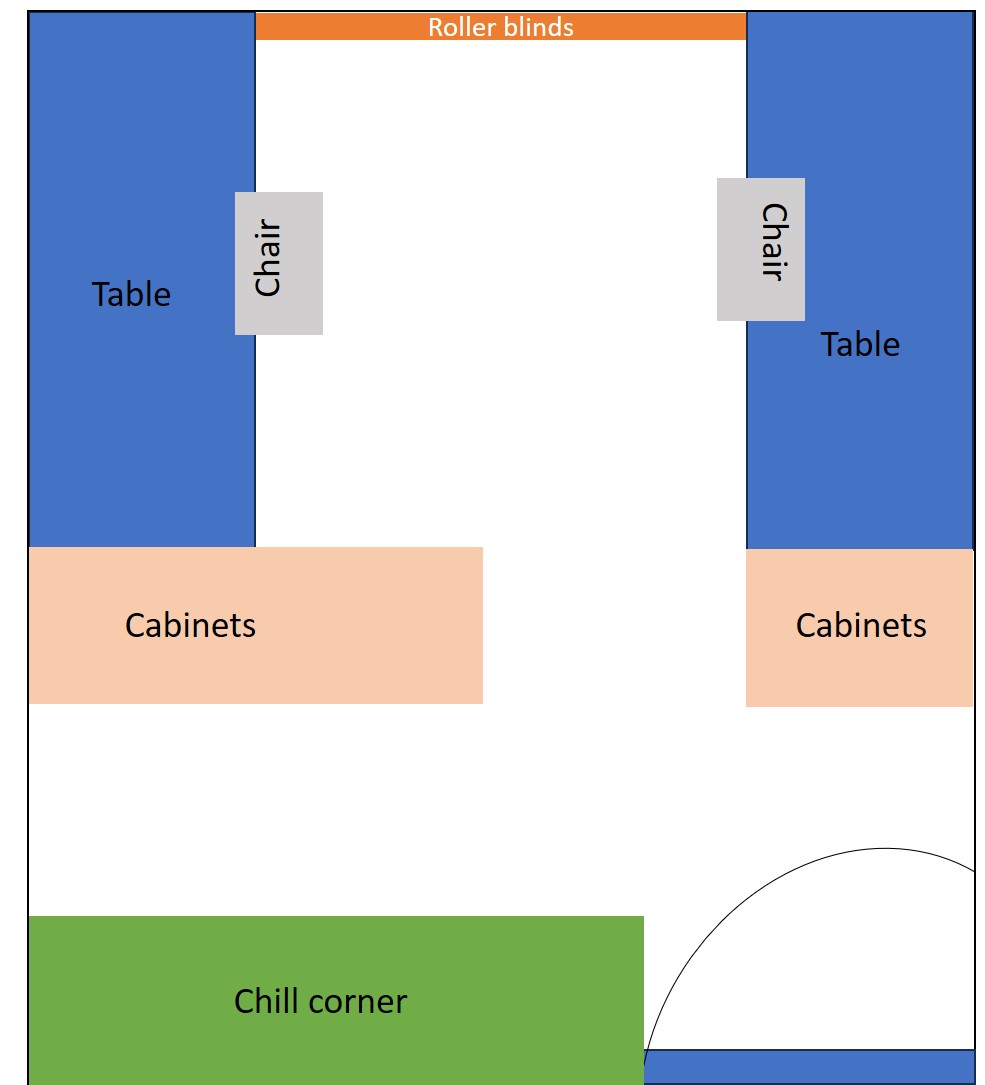 Self Design Work & Gaming Space - Roller blinds, table, chairs, cabinets, Chill corner, side table, desk, shelf, storage