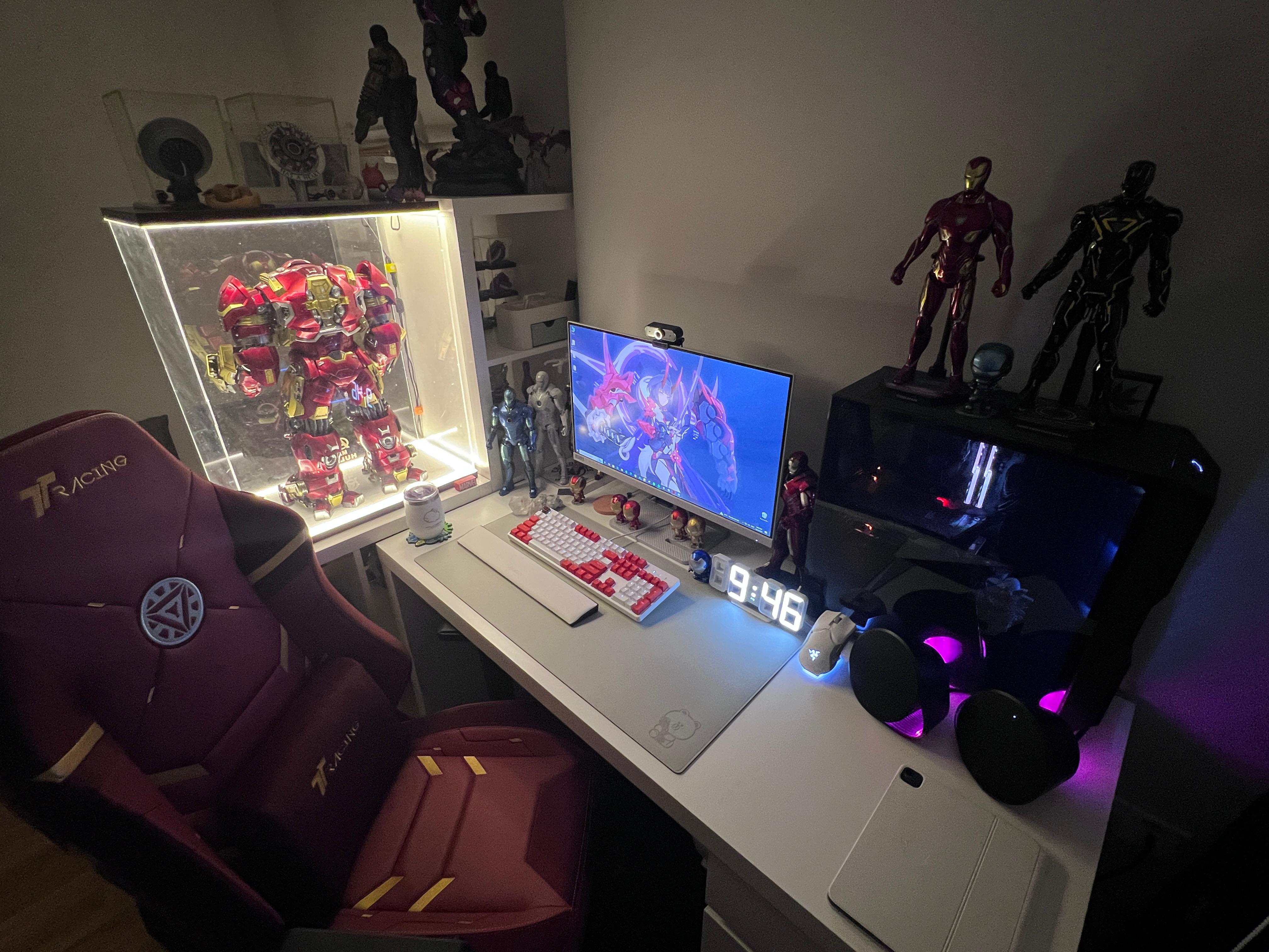 Self Design Work & Gaming Space - Red racing gaming chair, illuminated desk, computer setup, red and gold Iron Man figurine