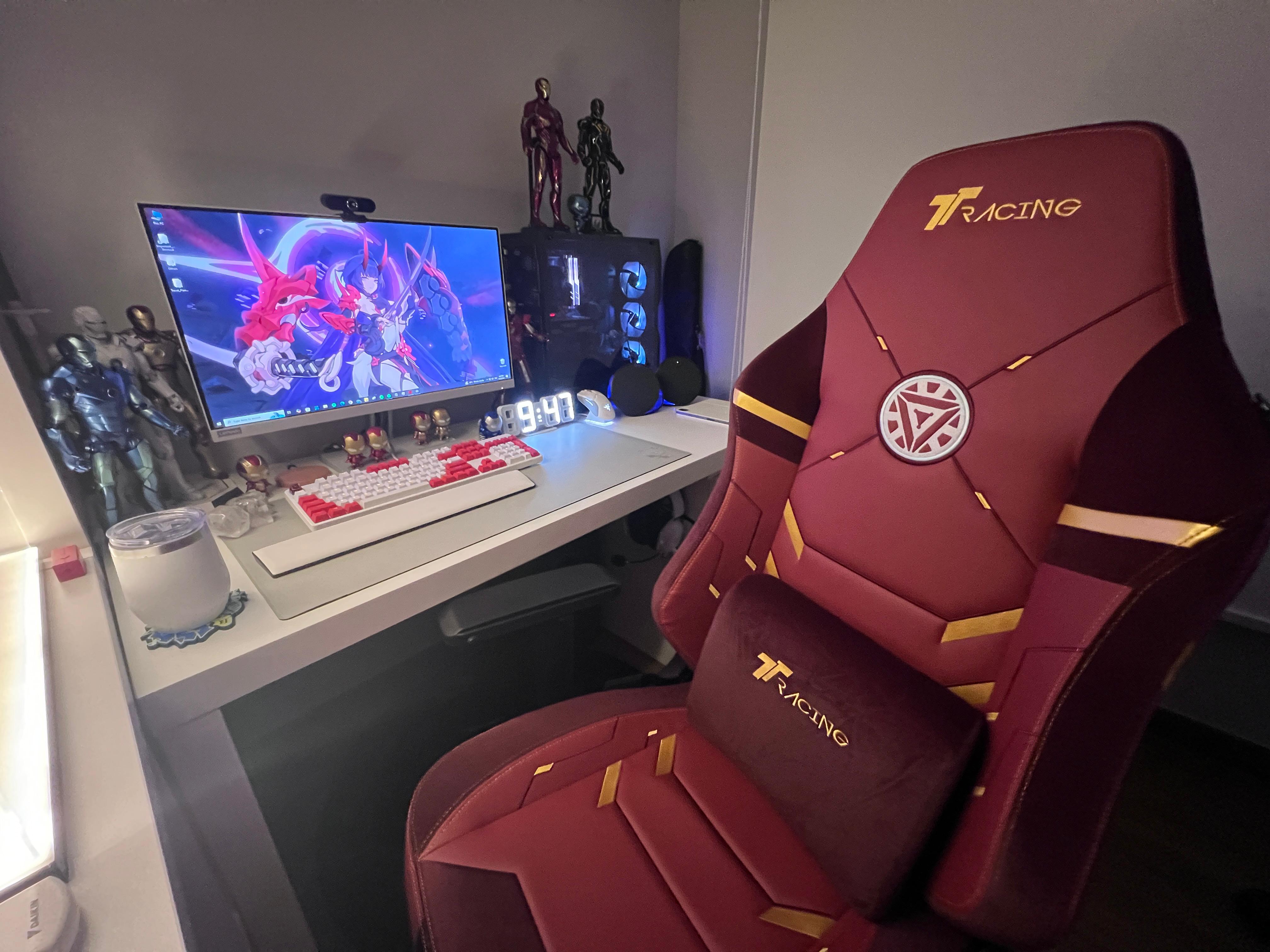 Self Design Work & Gaming Space - Futuristic gaming setup with red racing chair, Red gaming chair with "TRACING" branding