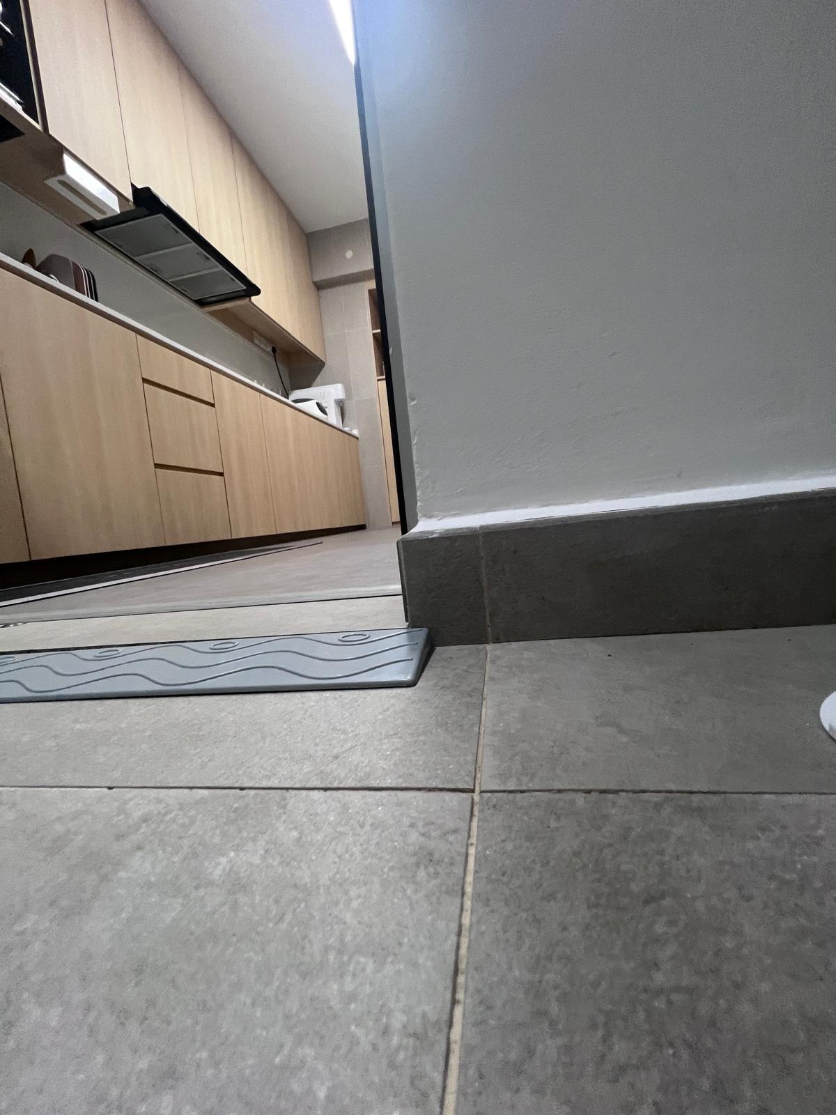 Service yard with zero built in! - Kitchen countertop, wooden cabinets, modern design, tiled floor, gray tiles, kitchen