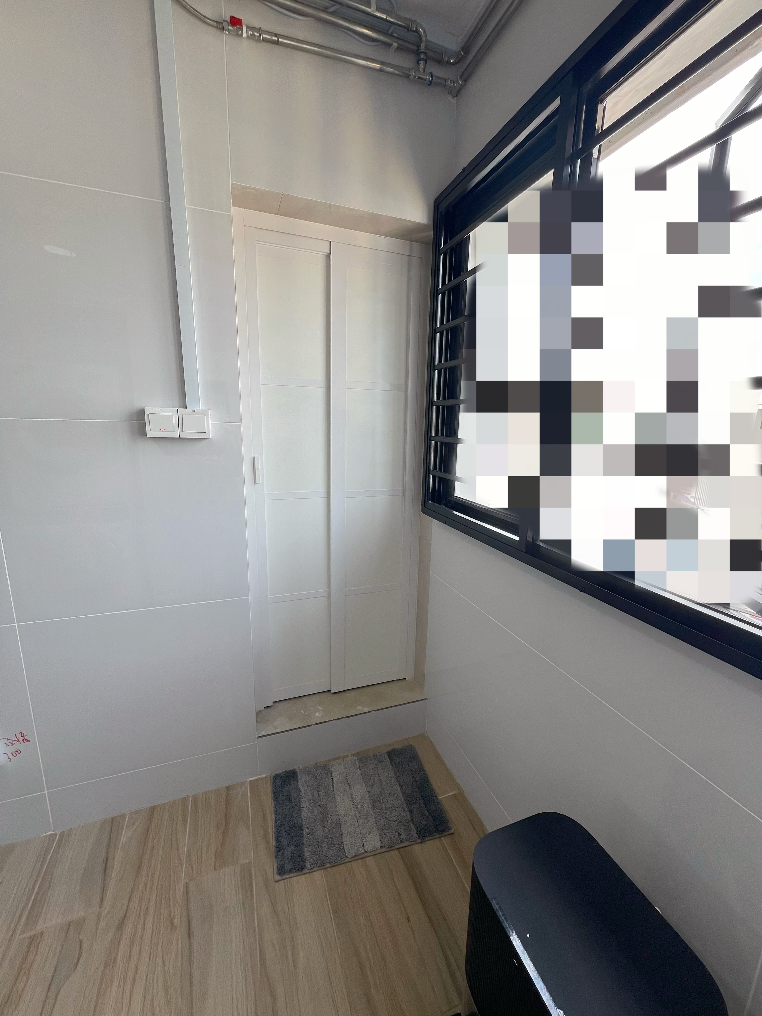 An Unconventional take on a HDB Jumbo Service Yard perhaps? - Modern minimalist bathroom, white tiled walls, wooden floor