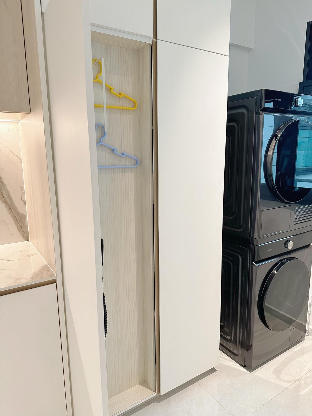 Our service yard: Functional extension of our kitchen - Wooden cabinets, white doors, modern kitchen, open wardrobe, hanging