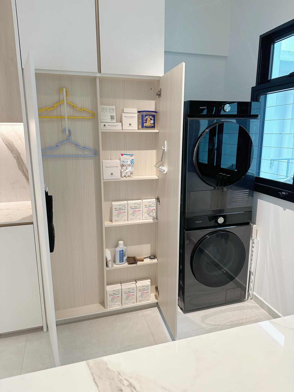 Our service yard: Functional extension of our kitchen - Shelf with various items, open wardrobe, medicine boxes, cleaning