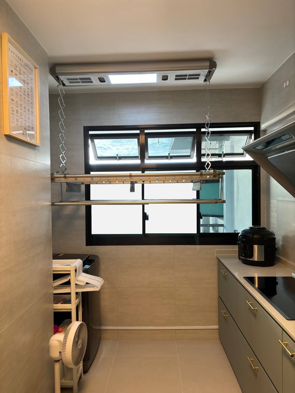 Simple & clutter-free Service Yard with zero built-ins - Modern kitchen with integrated drying rack, air conditioning unit