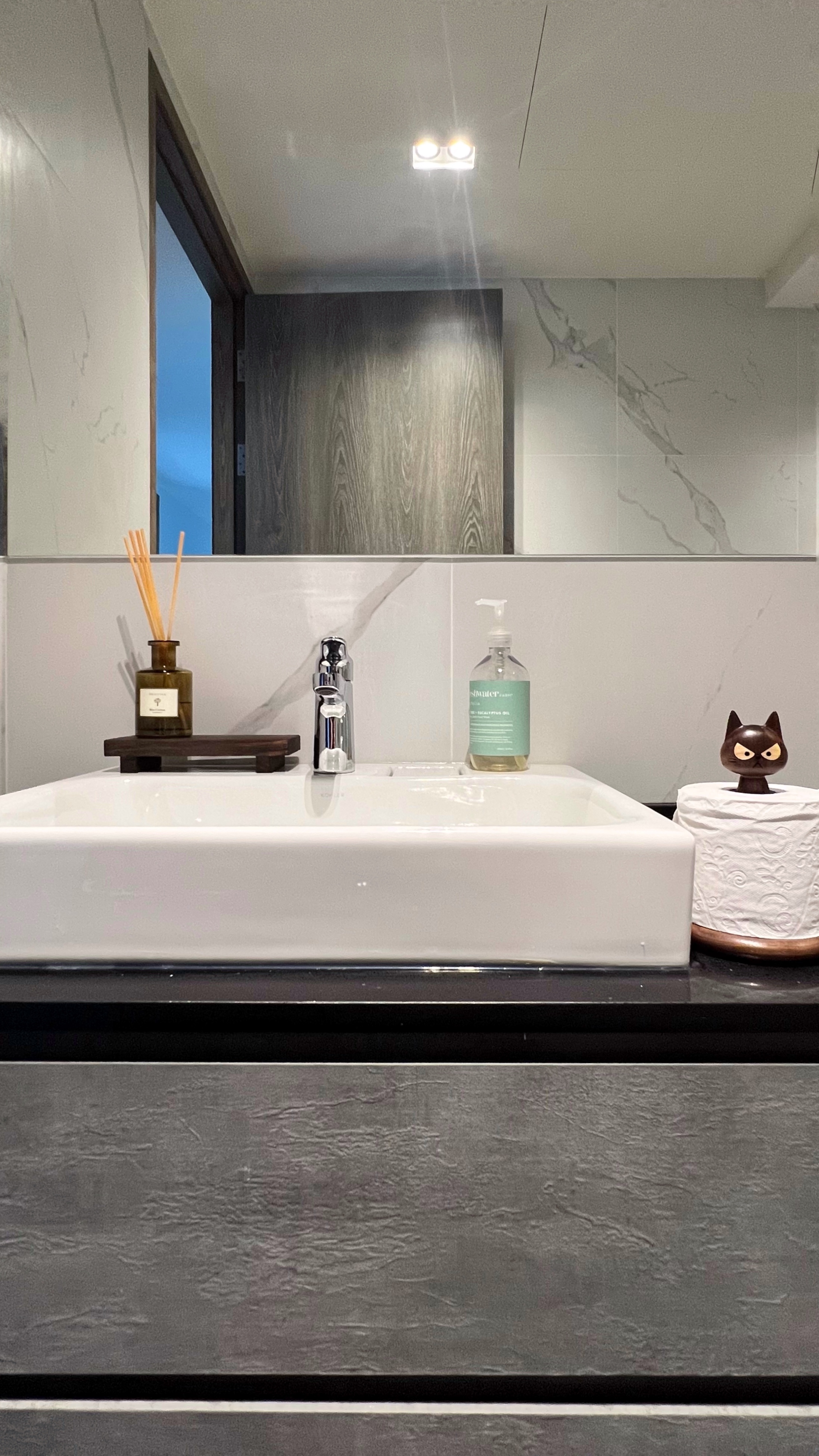 A Royal Retreat: Creating the Perfect Bath Sanctuary for ‘The Queen' - White modern bathroom vanity, sleek sink, minimalist