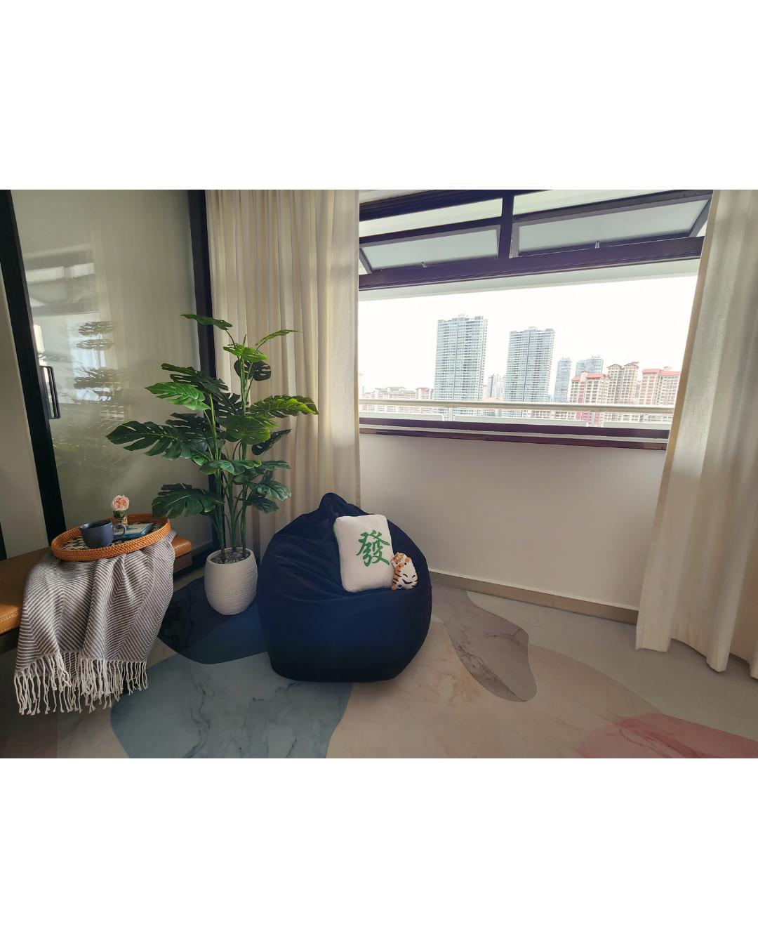 Our Cozy Area: 3 Ways Comfort Meets the Ground - Modern living room, cozy corner, indoor plant, white curtains, large window
