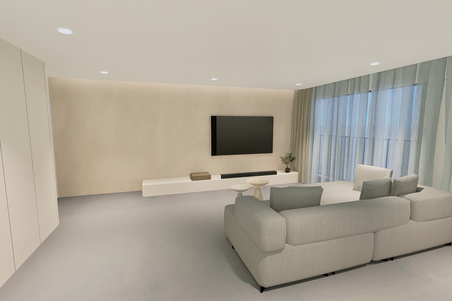 Our Self-Made Renders vs Reality - Modern minimalist living room, sleek furniture design, neutral color palette, large
