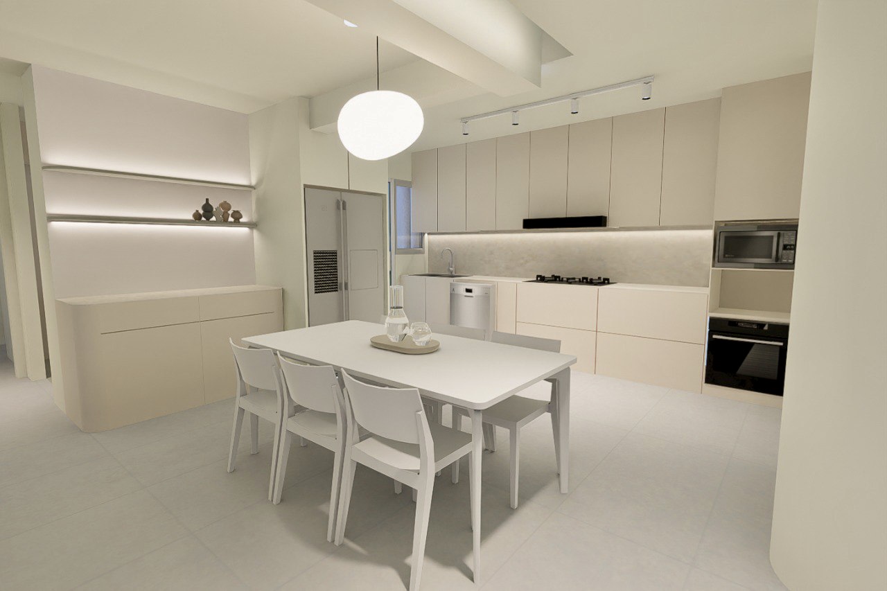 Our Self-Made Renders vs Reality - Modern minimalist kitchen with sleek white cabinetry, contemporary dining table with four