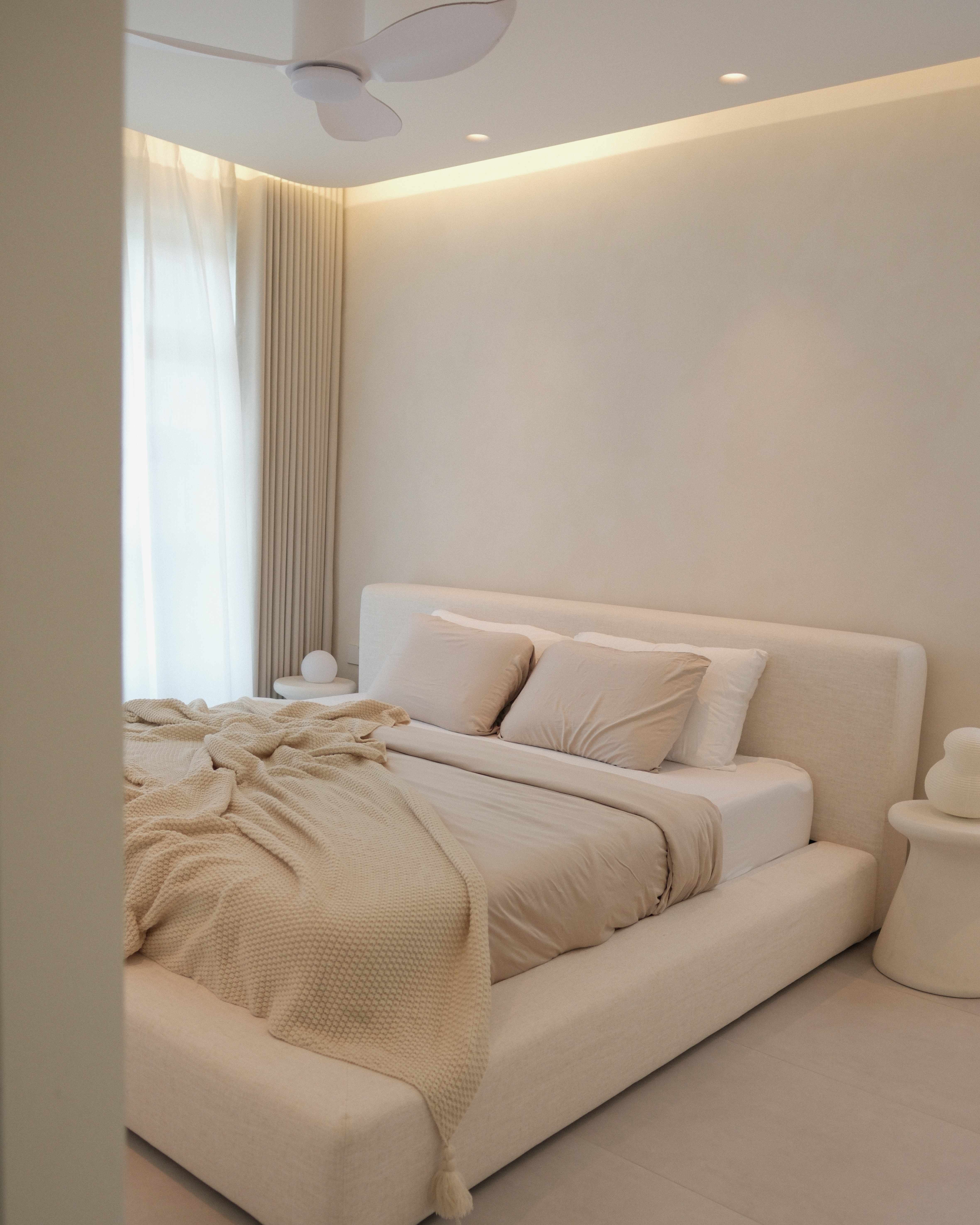 Our Self-Made Renders vs Reality - Soft beige bedding, minimalist design, cozy atmosphere, neutral color palette, modern