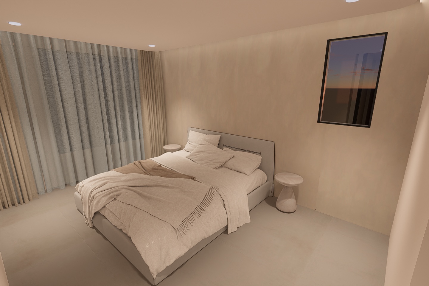 Our Self-Made Renders vs Reality - Modern minimalist bedroom, neutral color palette, large bed with beige bedding, soft