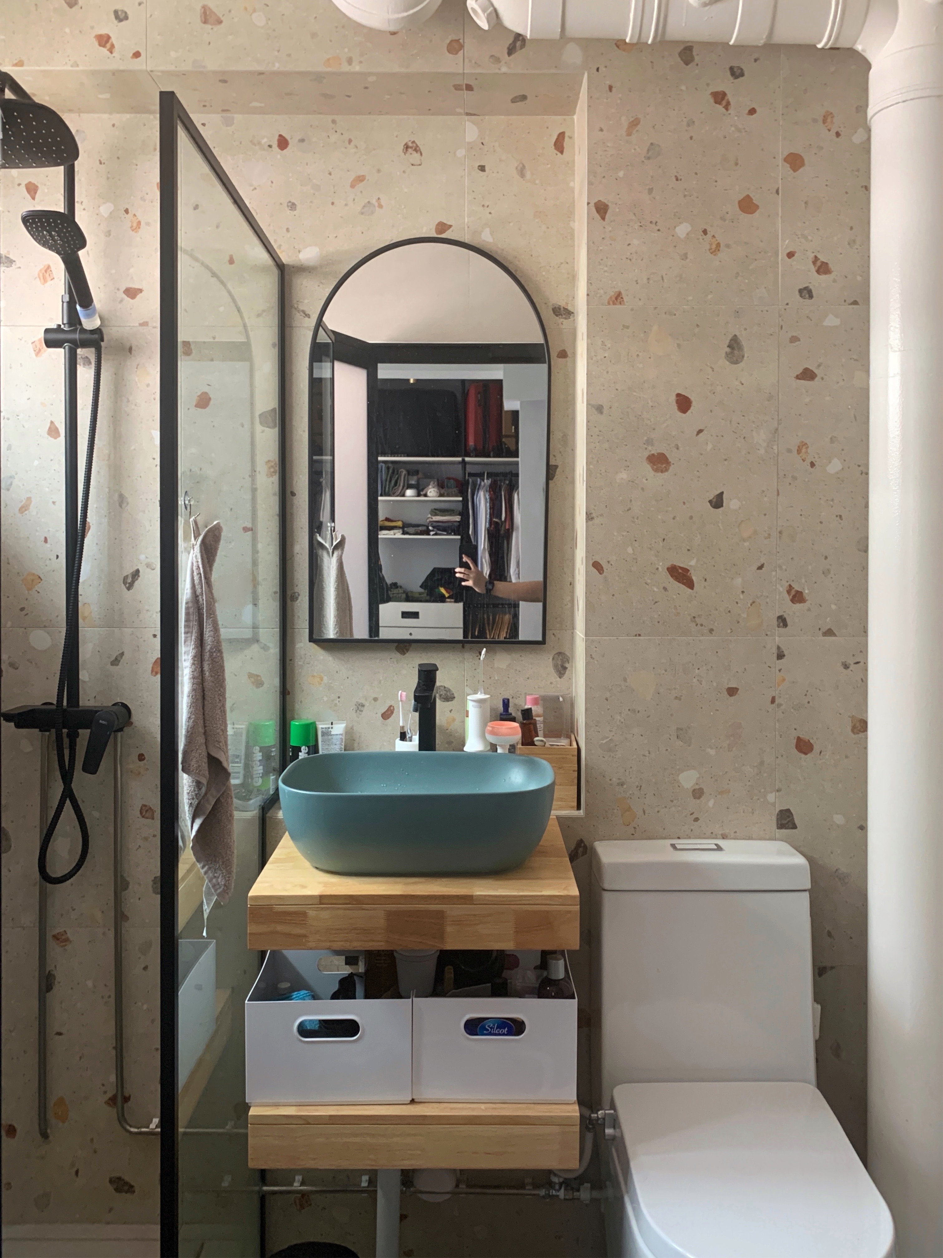 We regretted not doing this during our Bathroom Reno - Bathroom vanity, modern design, floating shelf, teal basin, wooden