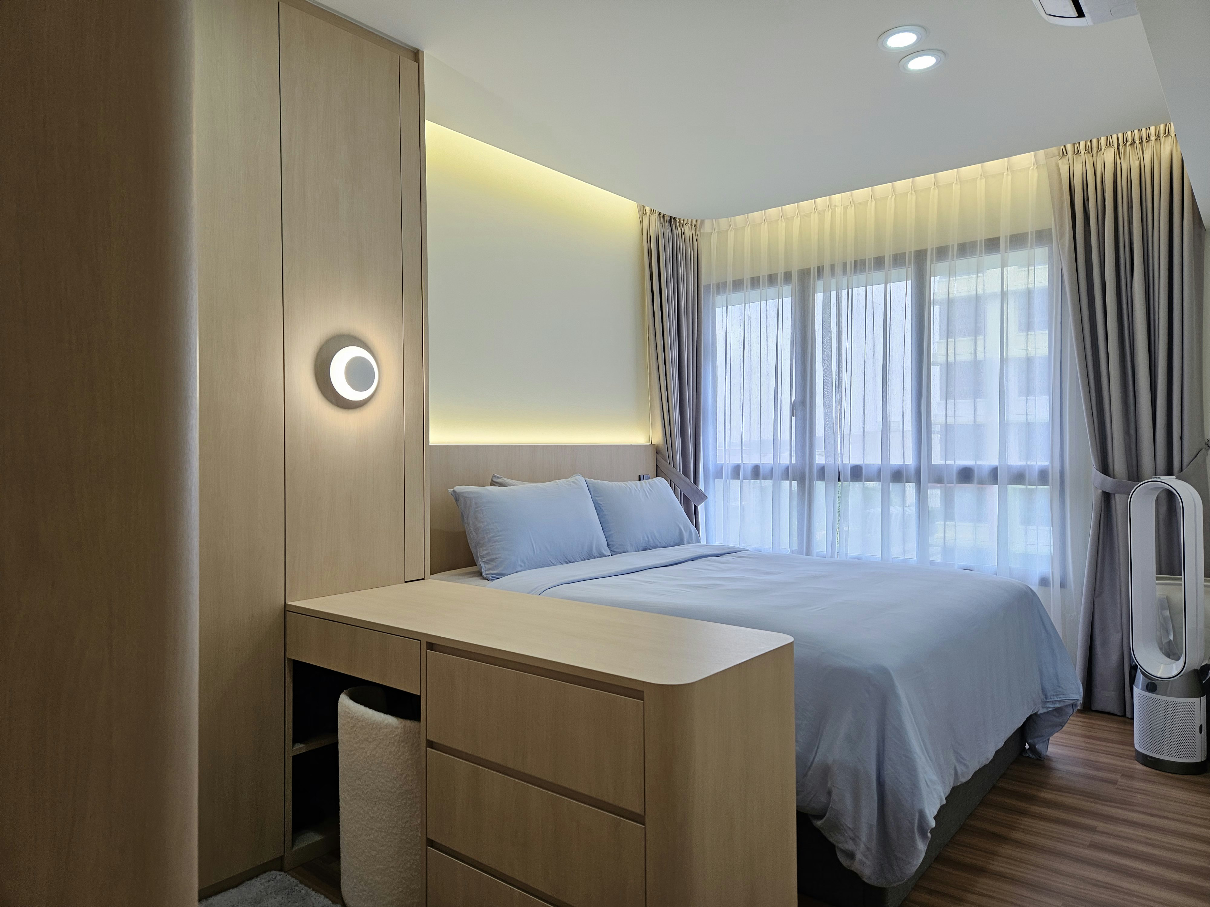 A Neat Home: Home Organisation! - Wooden wardrobe, modern bedroom, minimalist design, soft lighting, large window, sheer