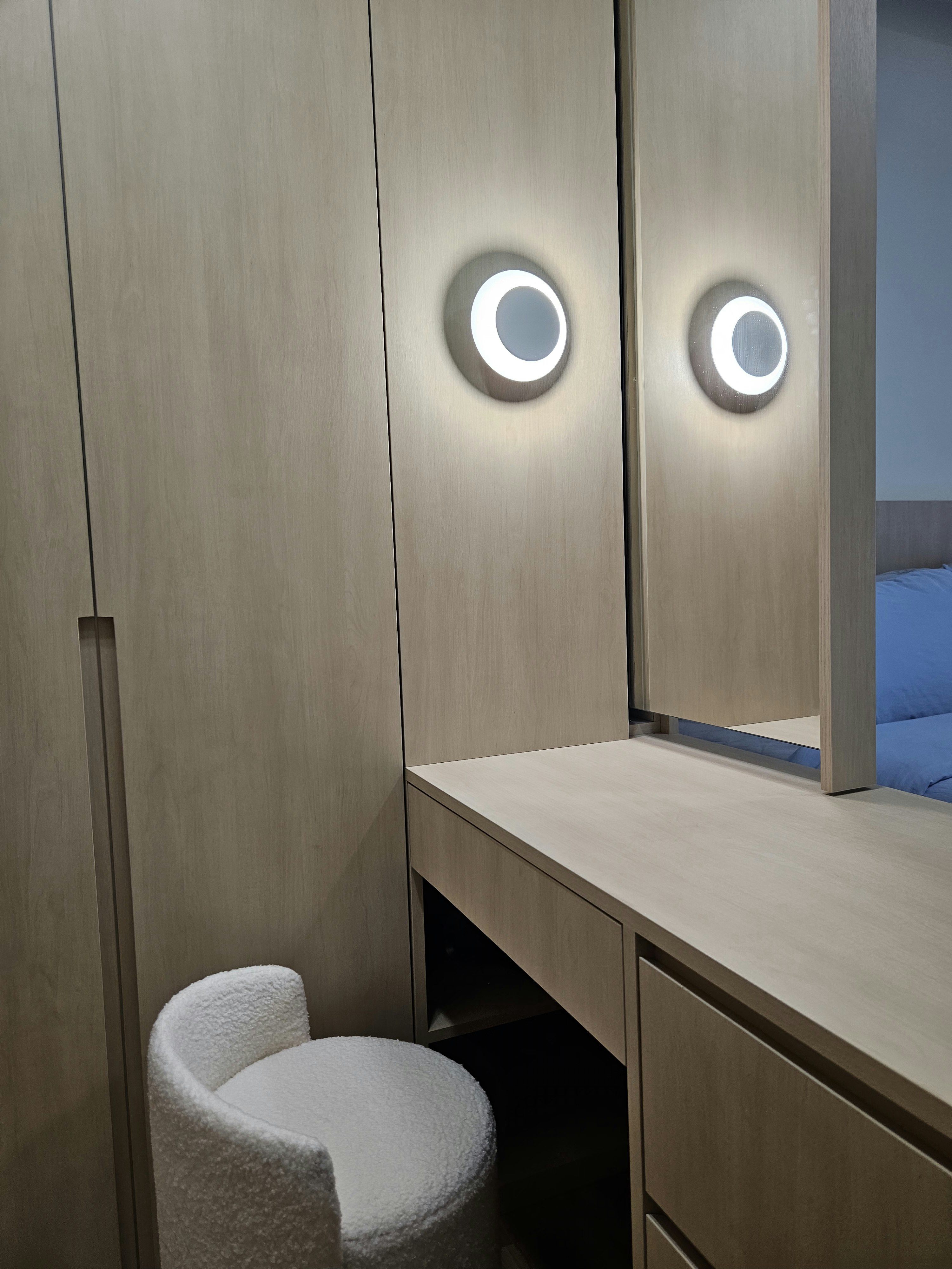 A Neat Home: Home Organisation! - Wooden wardrobe with circular LED lights, minimalist design, modern aesthetic, sleek lines