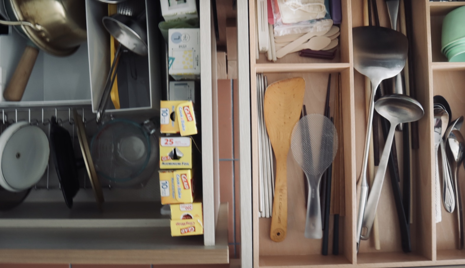 to each their own space - organisation for galley kitchen - Kitchen utensils, metal pots, wooden spoons, glass bowls