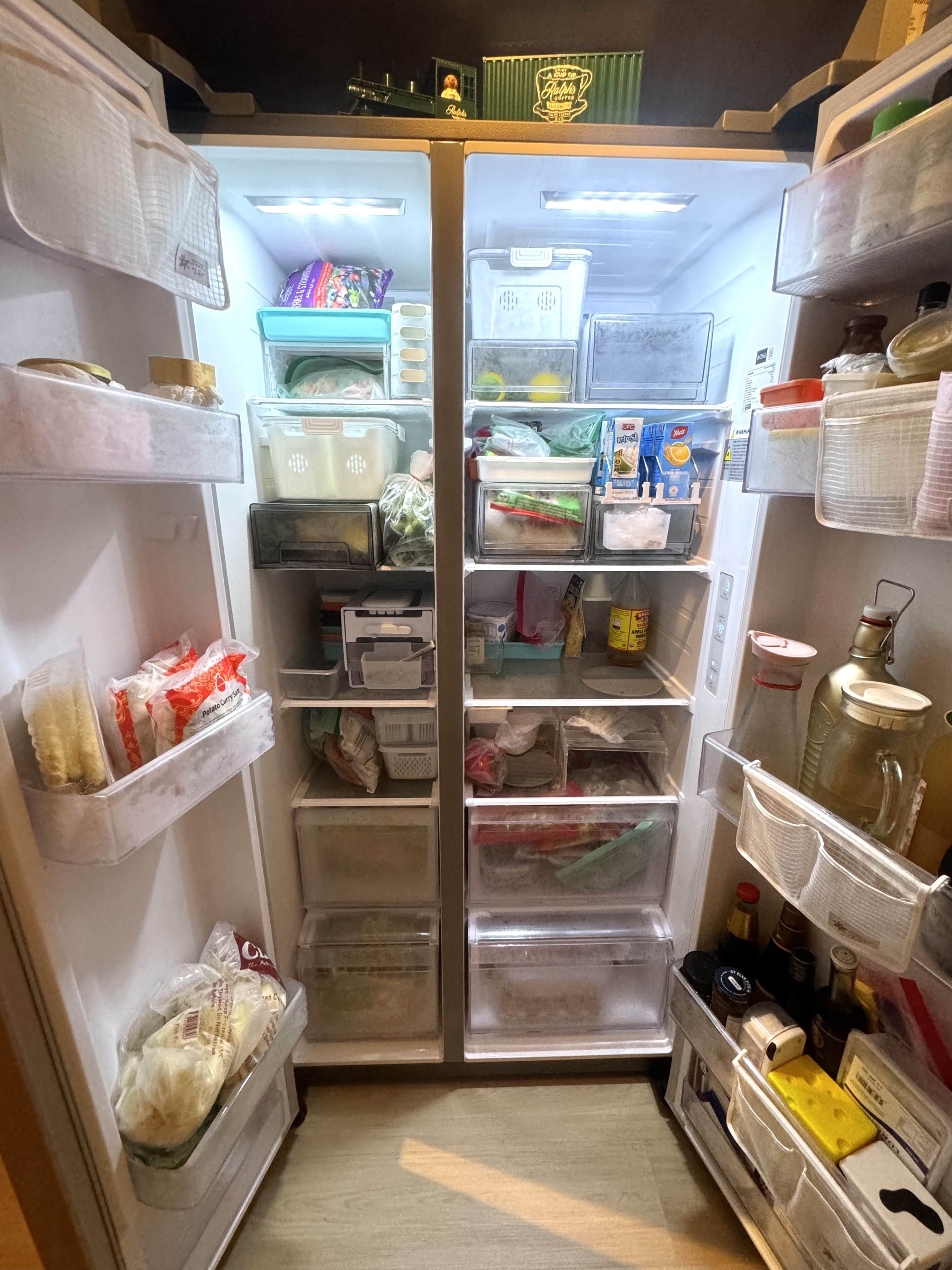 #NoRegrets Home Appliances - Fridge full of groceries, neatly organized shelves, various food items, plastic containers