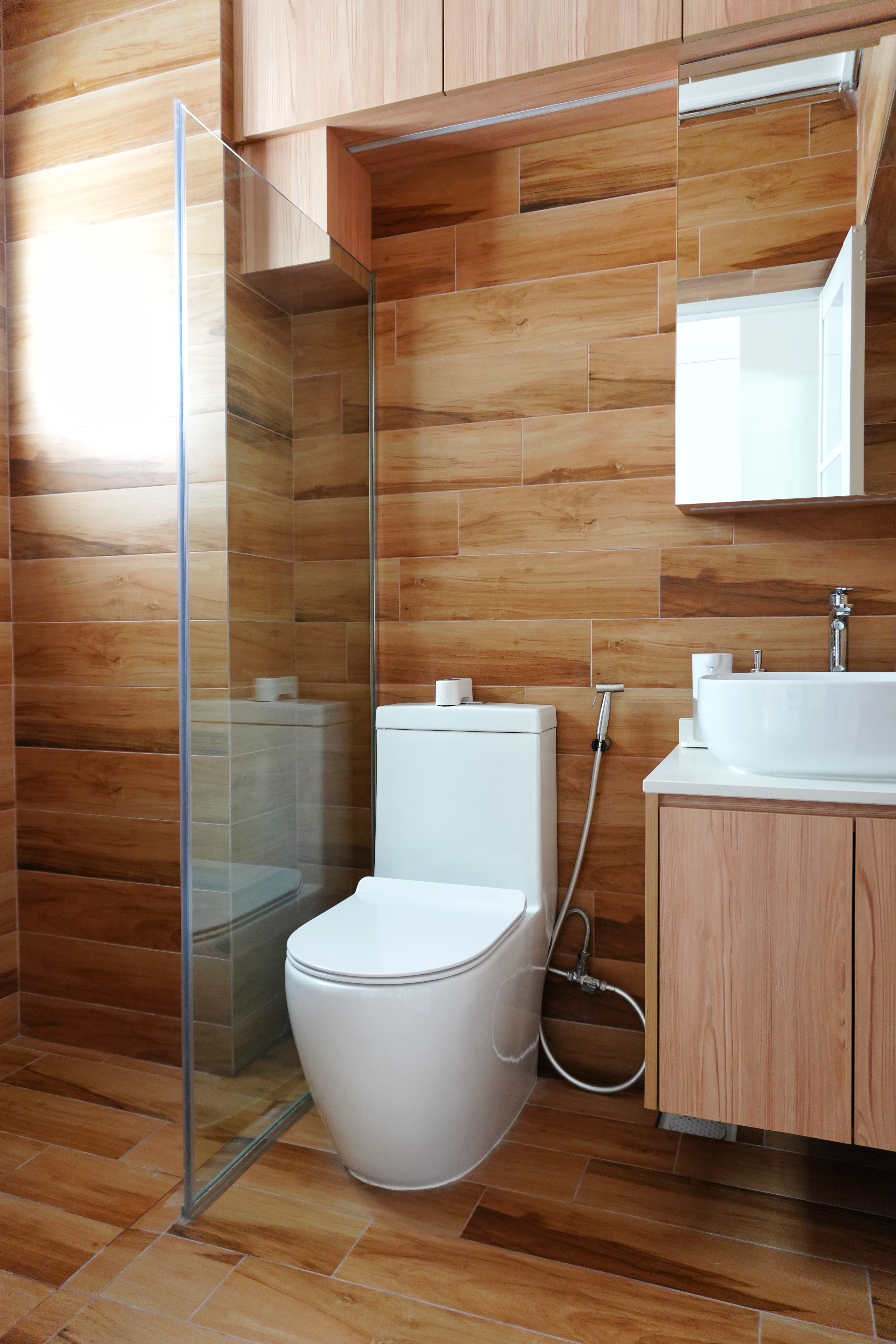 Smart Home Essentials: Gadgets for Automation & Cleanliness Under $30 - Wooden bathroom, modern design, wooden tiles, wooden