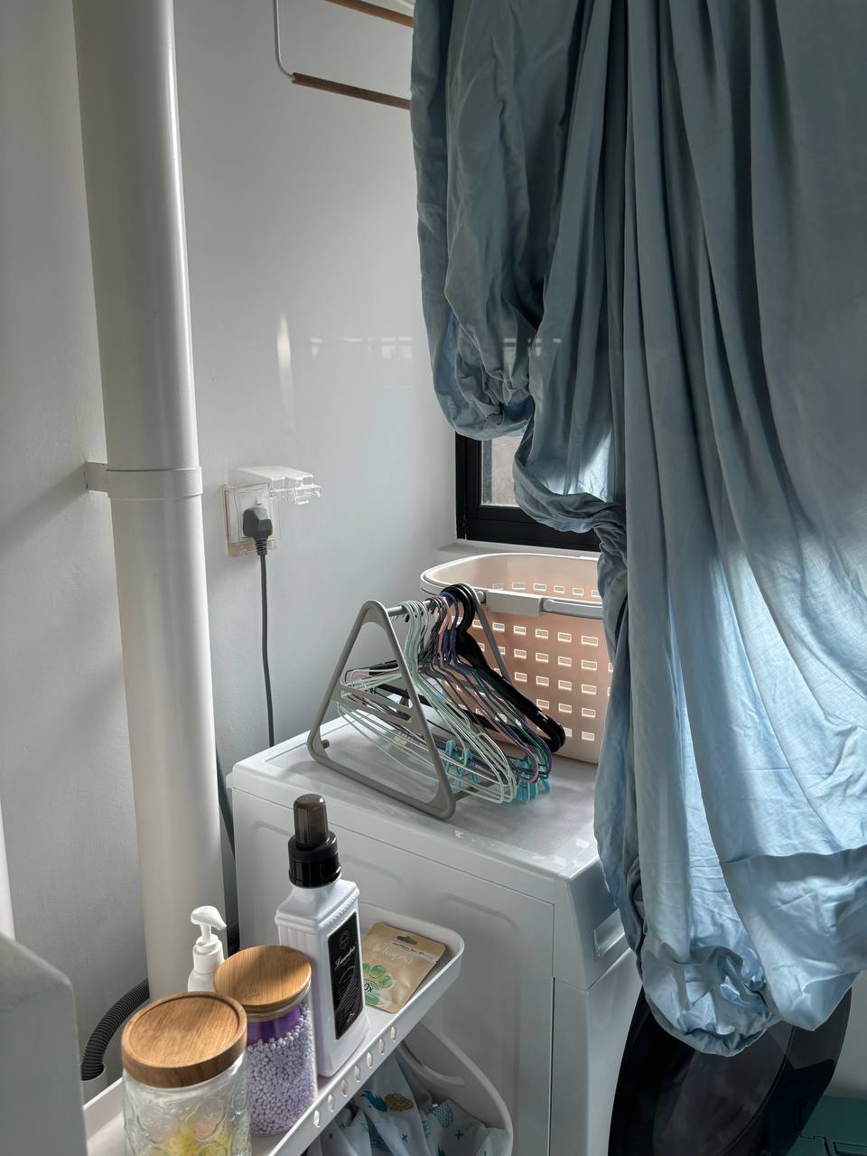 From Zero to A Functional Serviceyard - laundry basket, clothes drying, white washing machine, wooden rack, fabric softener