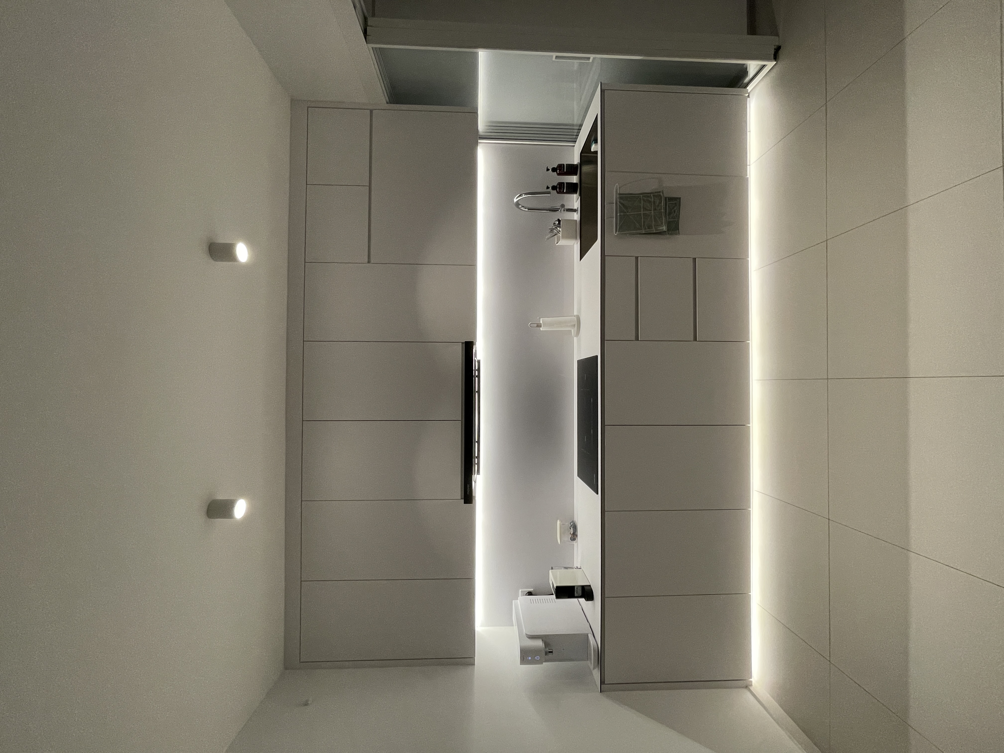 Kitchen Organization: Organize A Minimalist Full-White Kitchen - Modern minimalist kitchen, sleek cabinets, illuminated