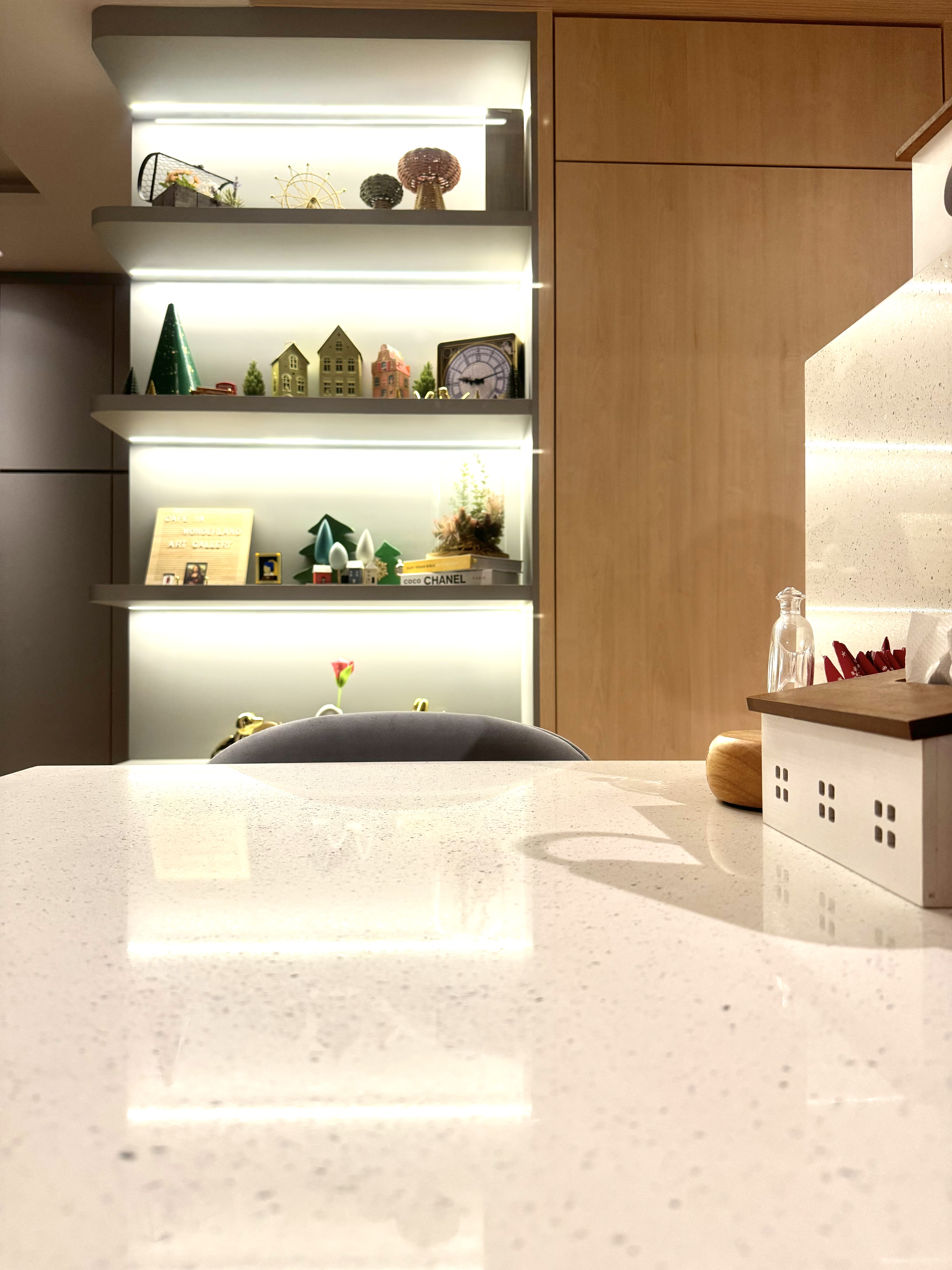Beneath the Surfaces: Upkeep & Maintenance - Shelf with decorative items, modern kitchen counter, illuminated shelves, small