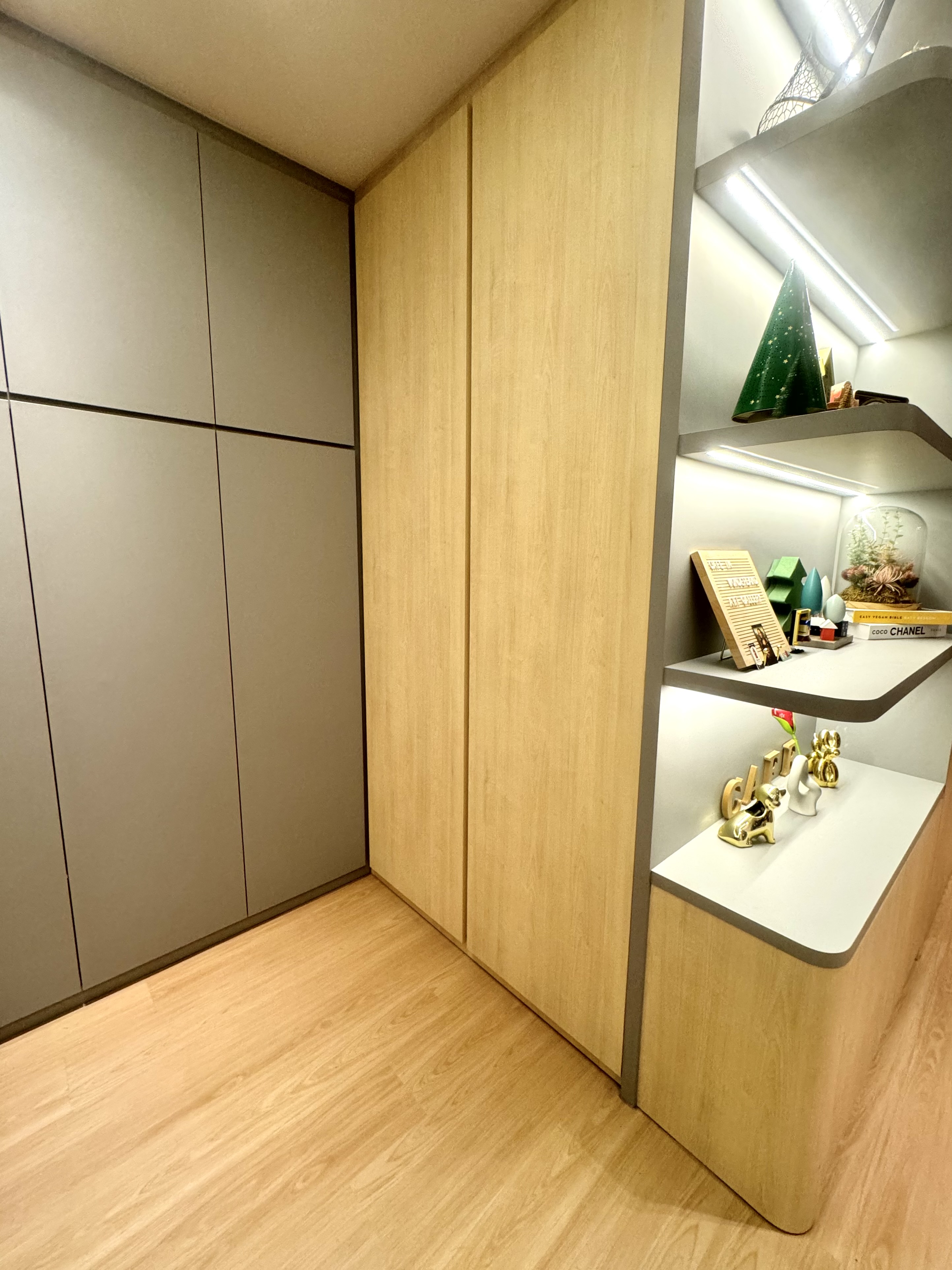 Beneath the Surfaces: Upkeep & Maintenance - Wooden wardrobe, light beige color, minimalist design, built-in shelving, modern