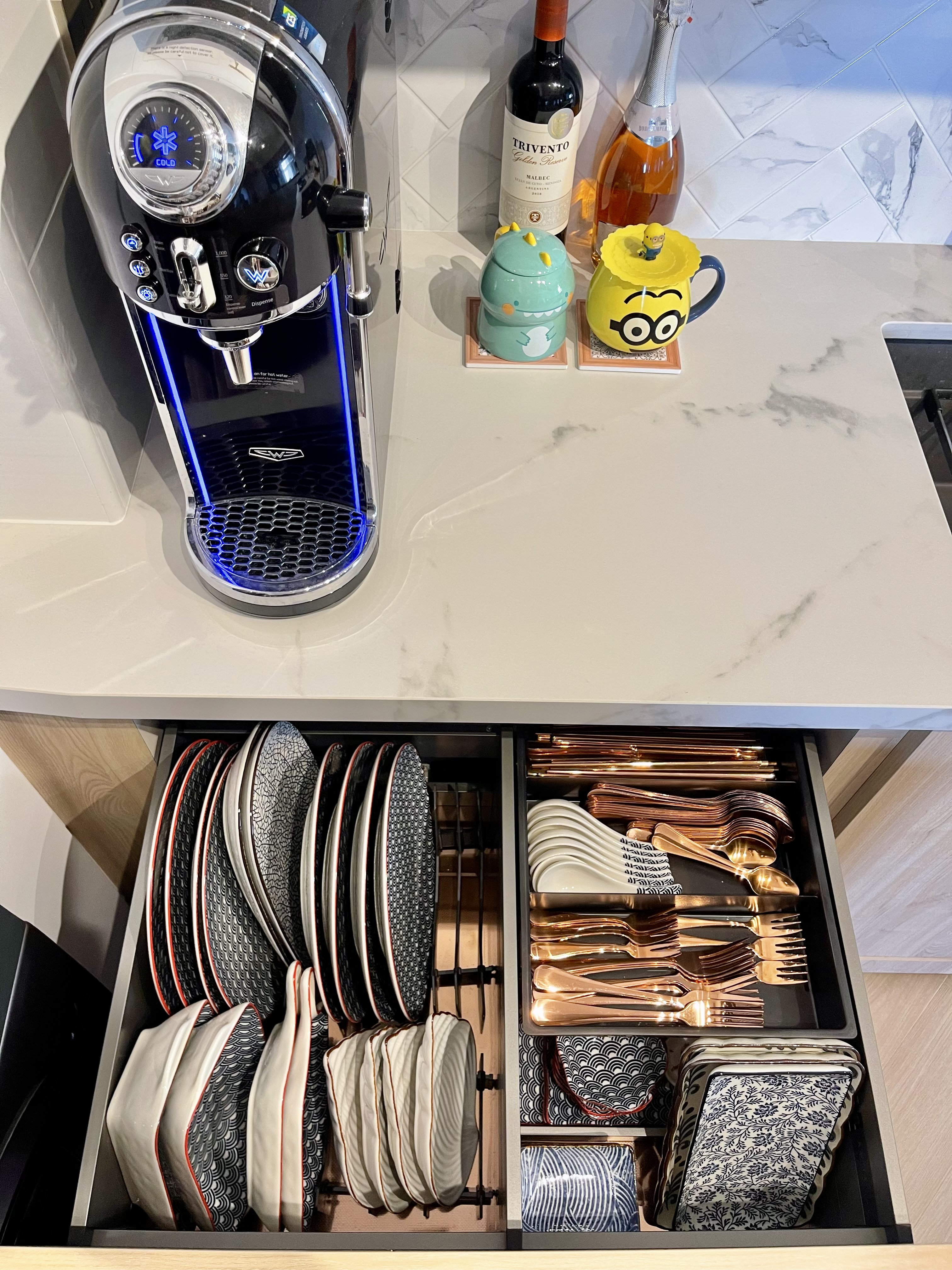 Keeping Our Open Concept Kitchen Clutter Free With Storage Solutions - coffee machine, espresso machine, coffee dispensing