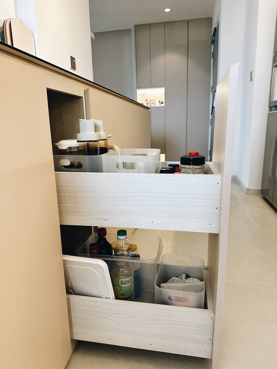 Our Kitchen Organization Tip: Hide the clutter!  - Wooden kitchen cabinet, open shelf, neatly organized, kitchen essentials