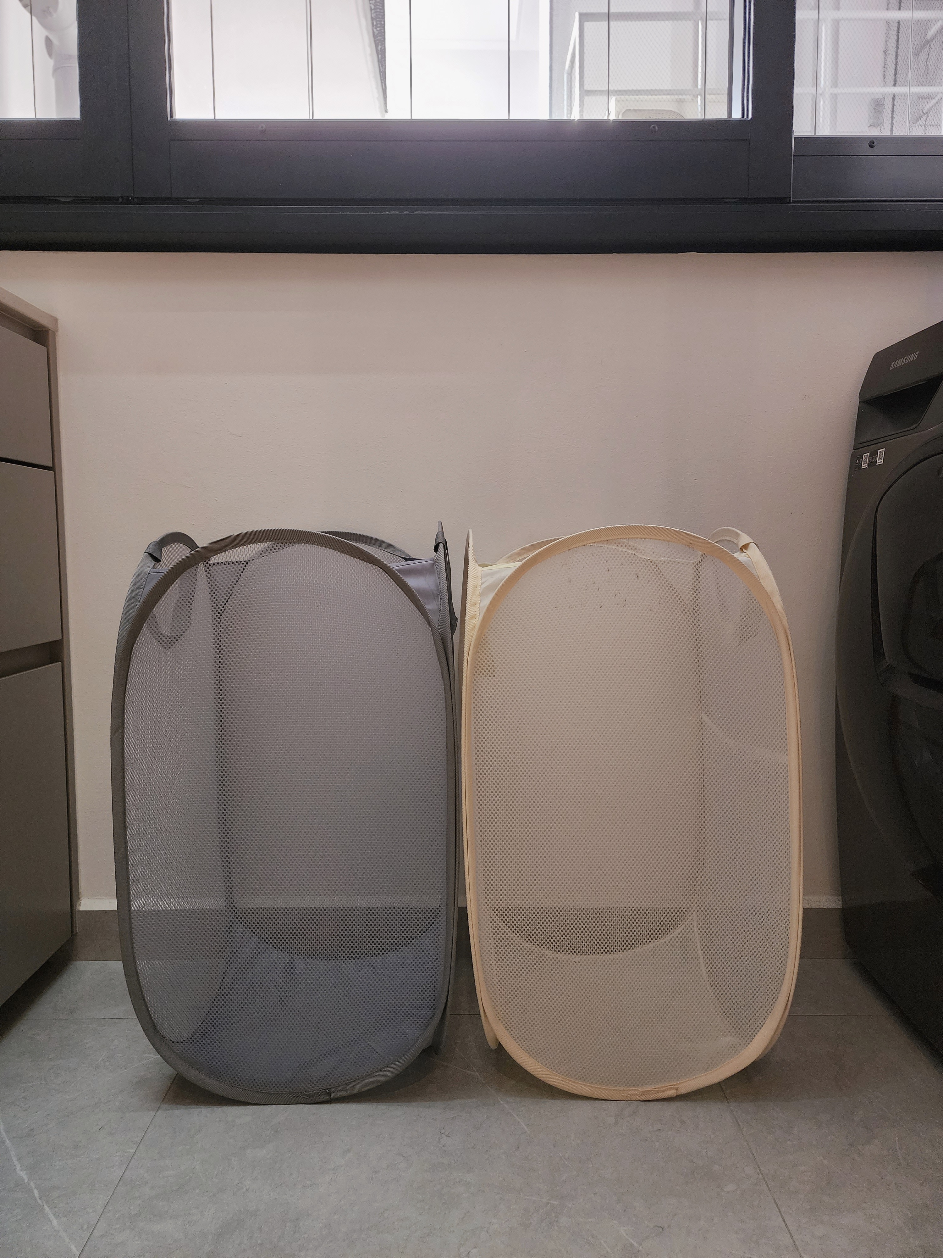 Our Kitchen Organisation: Peek Inside Our Cabinets & Drawers 👀 - Gray mesh laundry basket, beige mesh laundry basket, gray