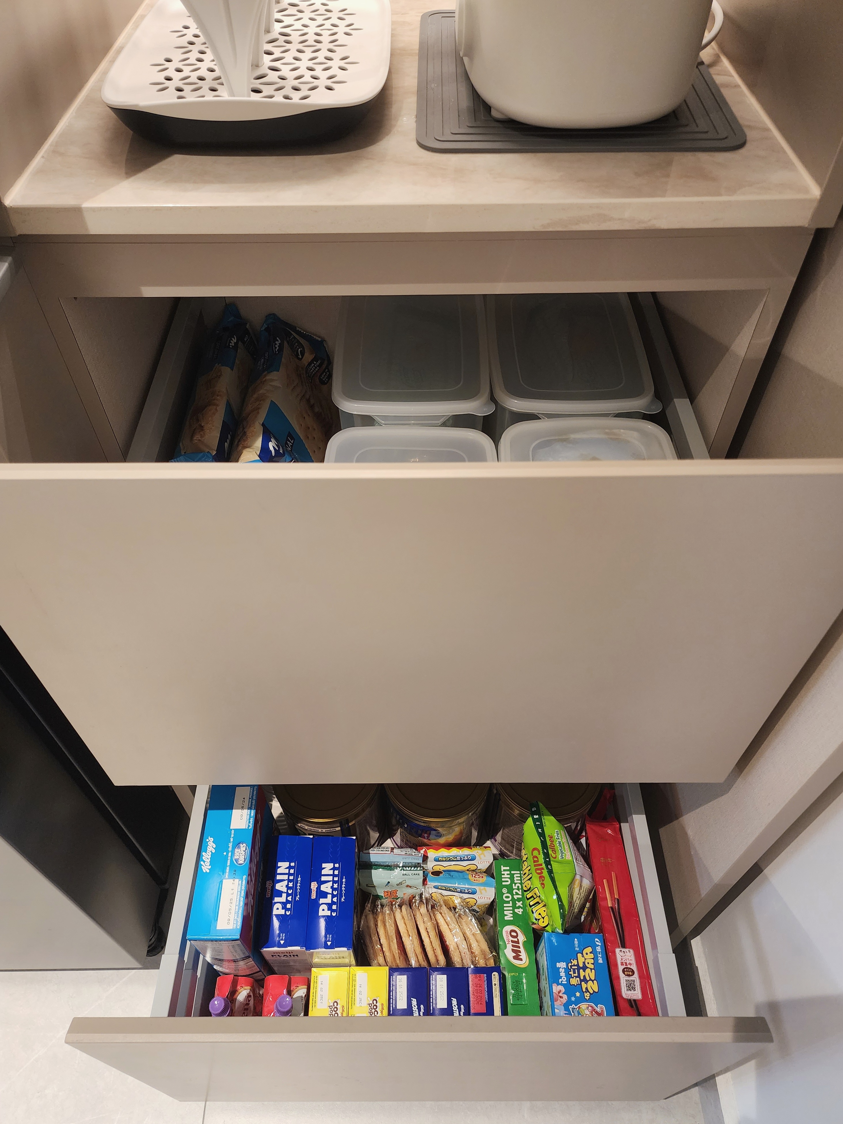 Our Kitchen Organisation: Peek Inside Our Cabinets & Drawers 👀 - Mini fridge drawer, neatly organized, food storage, kitchen