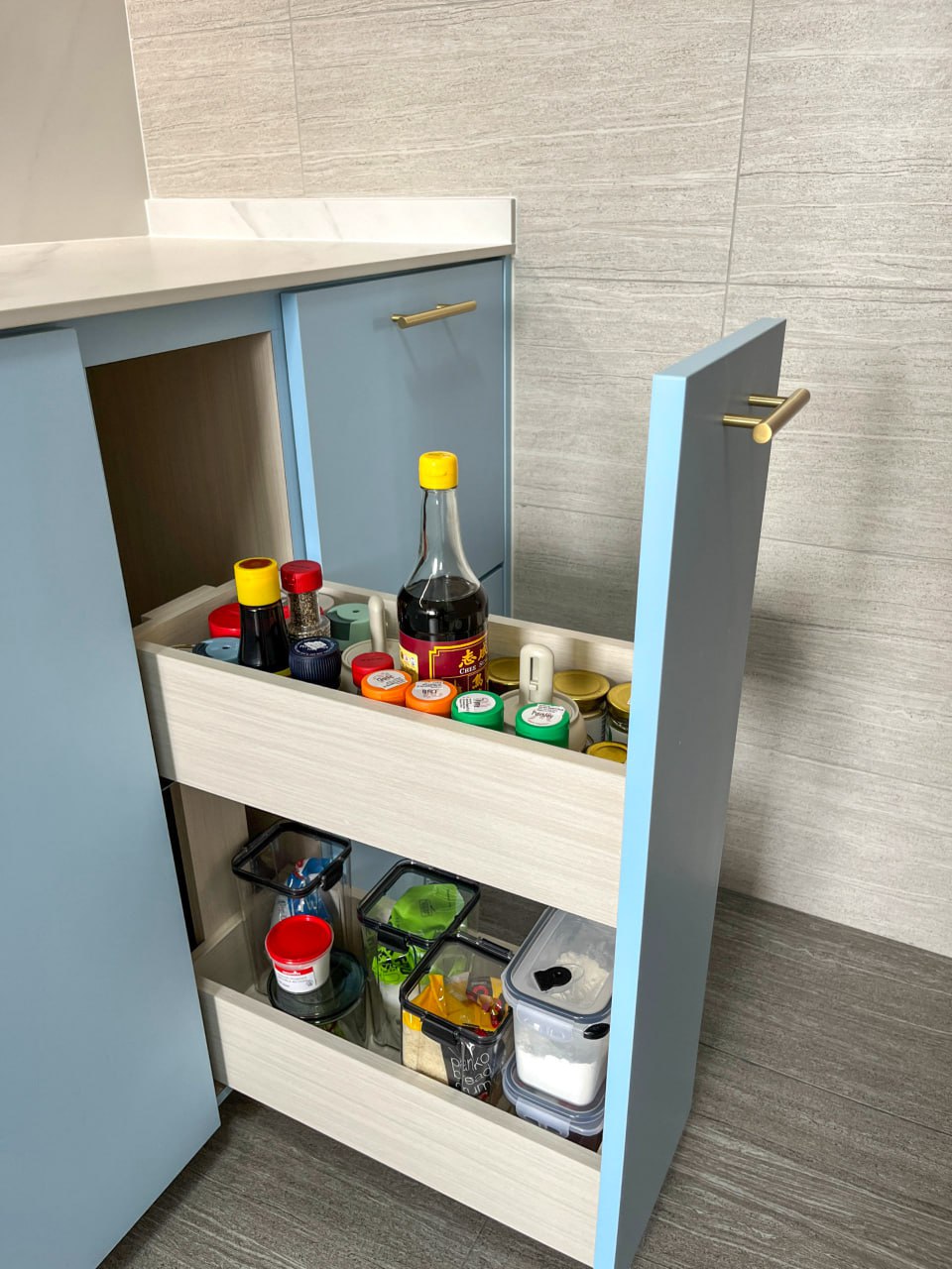 A peep into our kitchen cabinets!  - Cabinet, open, kitchen, shelves, organized, spice rack, condiments, bottles, jars