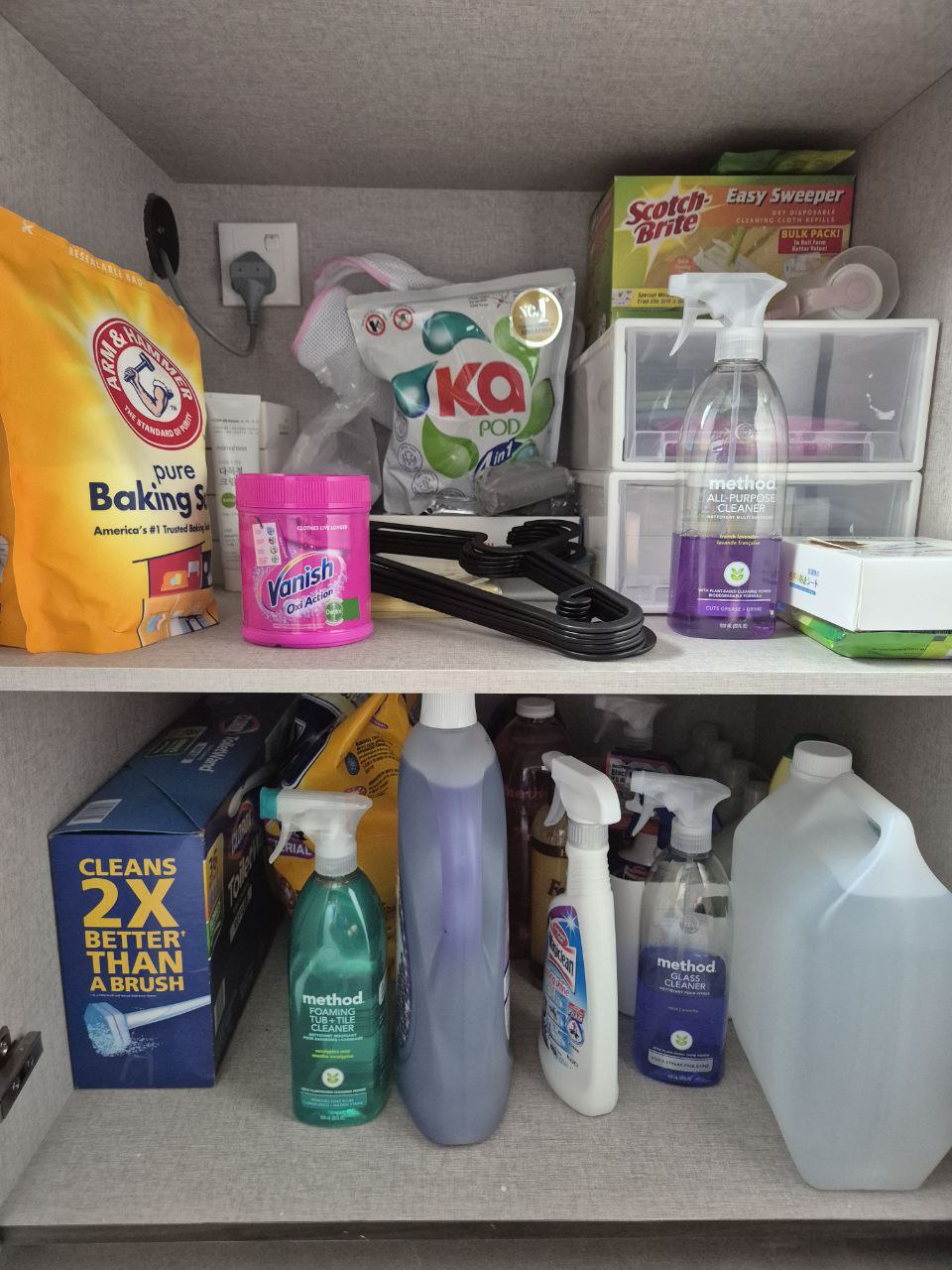 Our very long Service Yard - Baking soda, vinegar, dish soap, cleaning cloth, vacuum cleaner, toilet paper, toilet brush