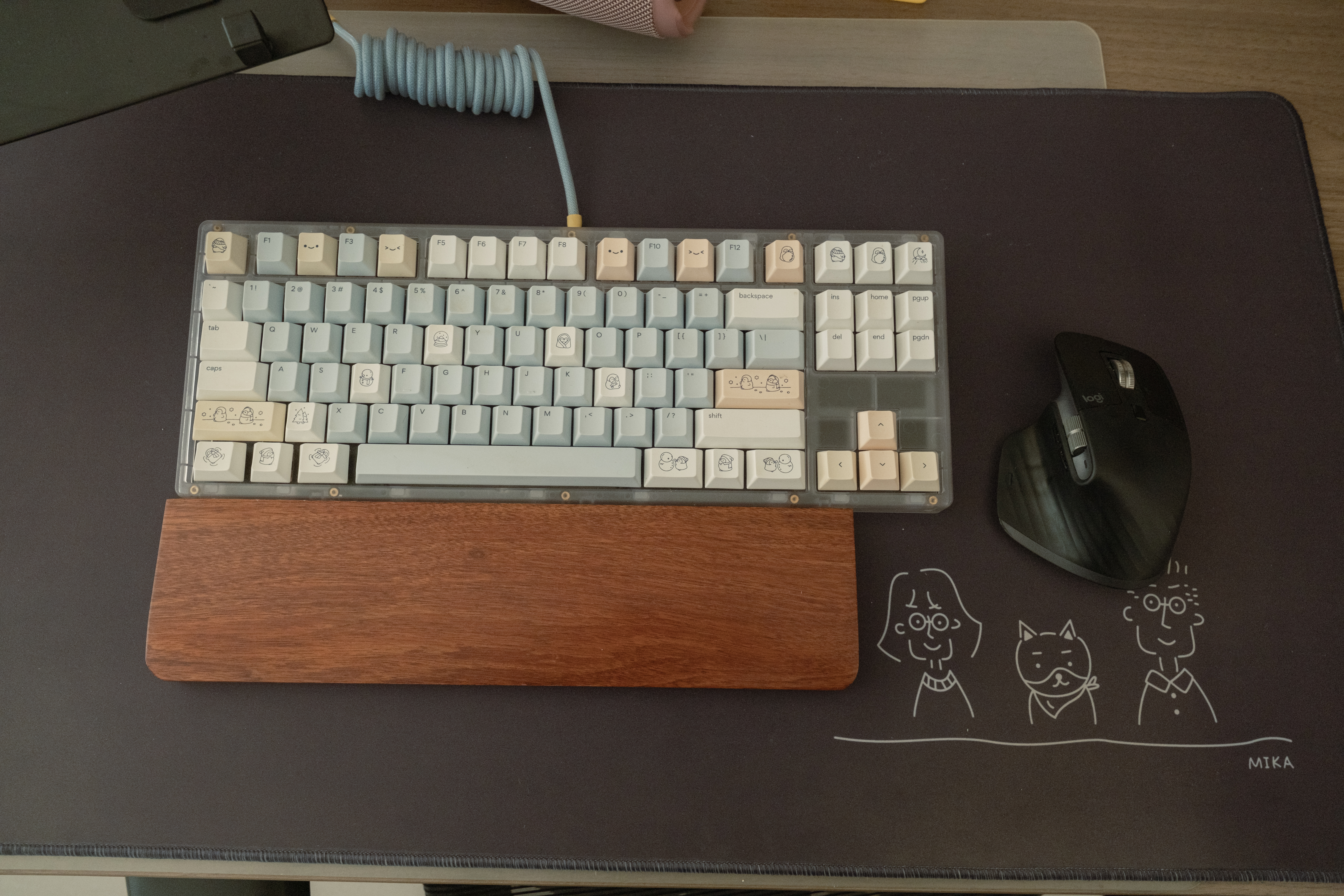 Maximising productivity in our study - Retro-style keyboard with pastel-colored keys, Wooden keyboard with cute cartoon