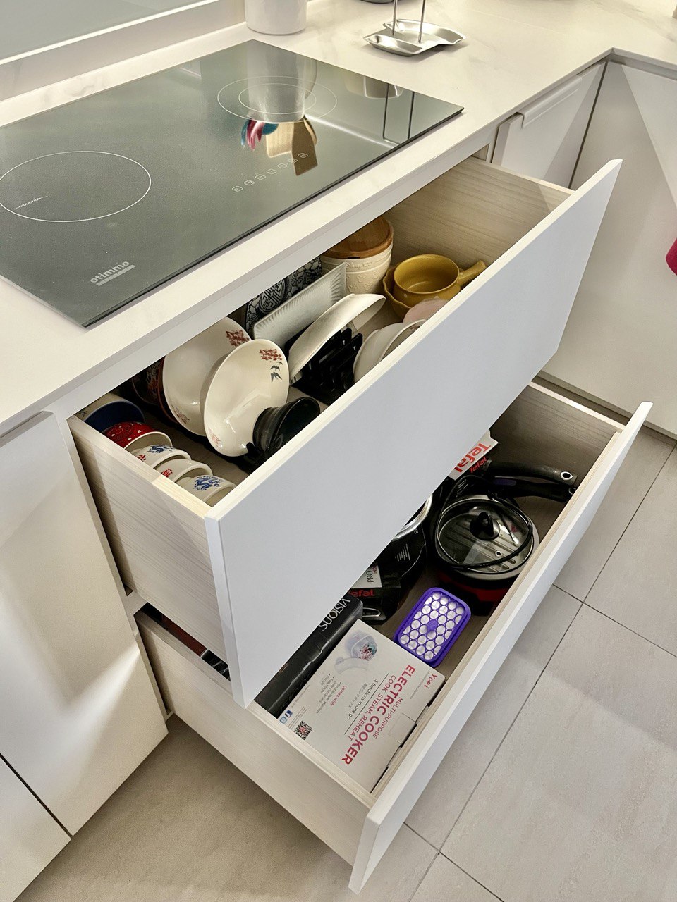 Kitchen Organisation and Reno Regret - Instant pot, stainless steel, kitchen island, white cabinets, open drawer, neatly