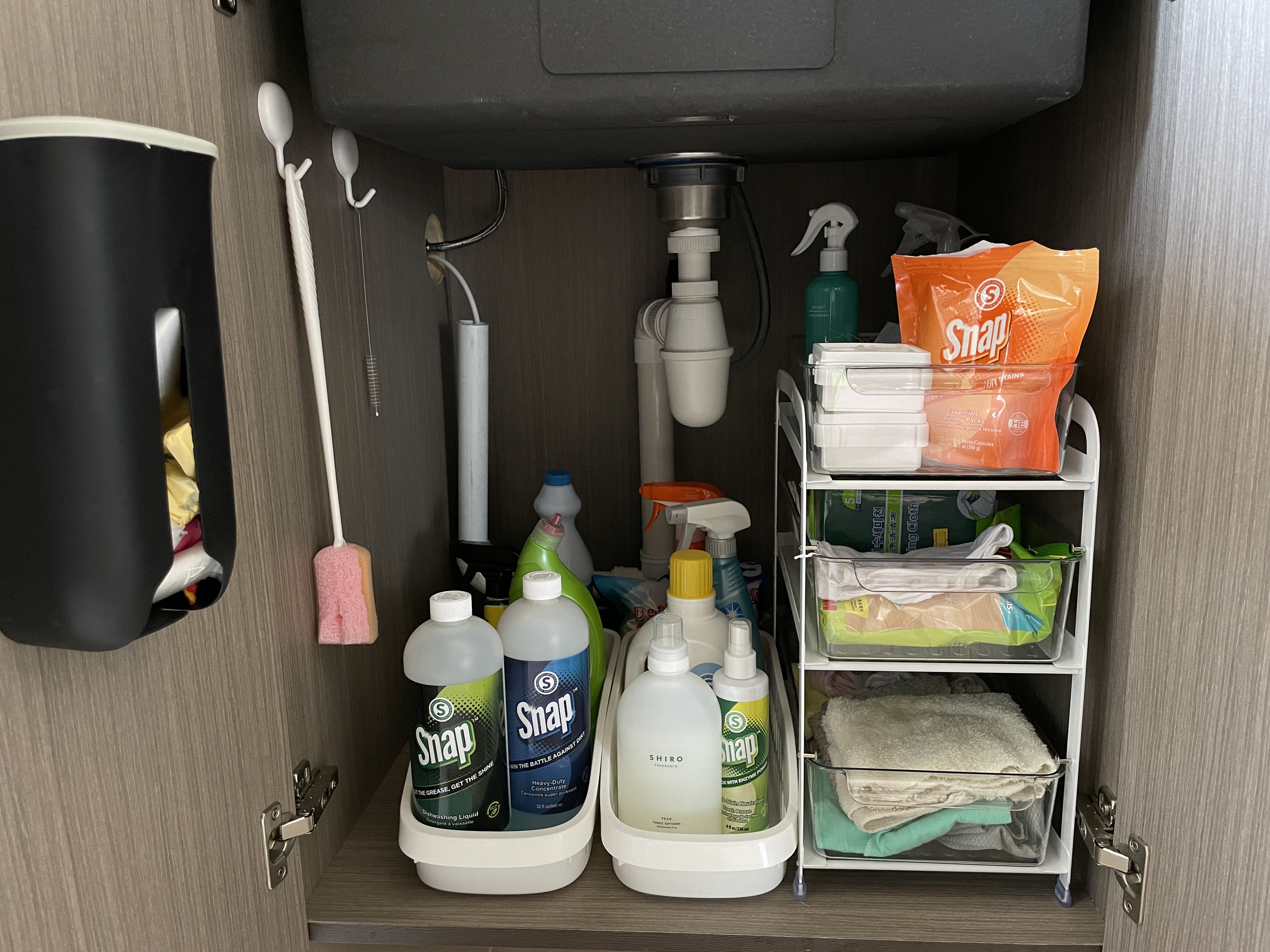 Keeping our Open Kitchen Clutter-free: Out of Sight, Out of Mind - Dish soap, cleaning solution, hand soap, microfiber cloth