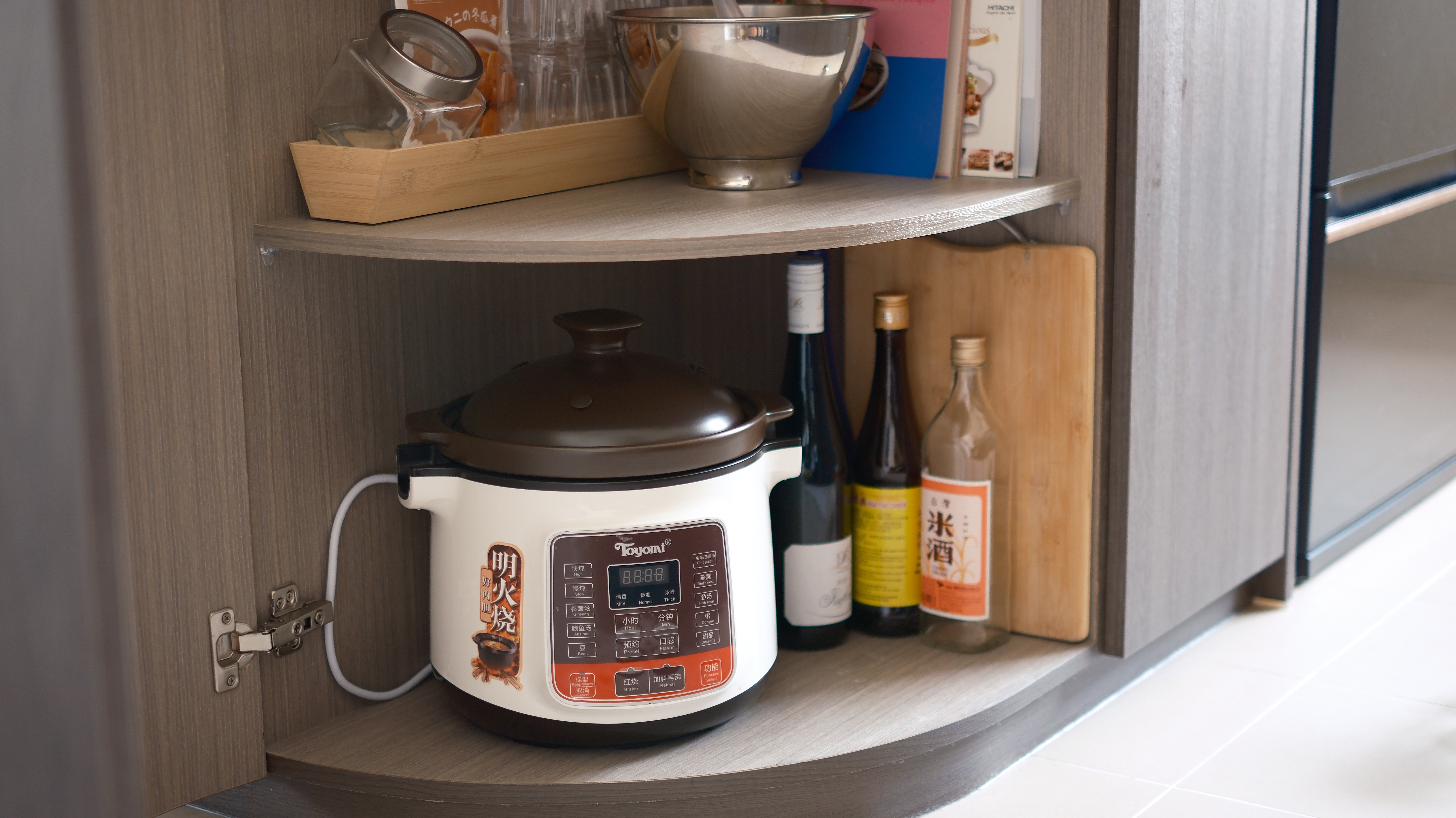 Keeping our Open Kitchen Clutter-free: Out of Sight, Out of Mind - electric rice cooker, modern kitchen, wooden cabinet