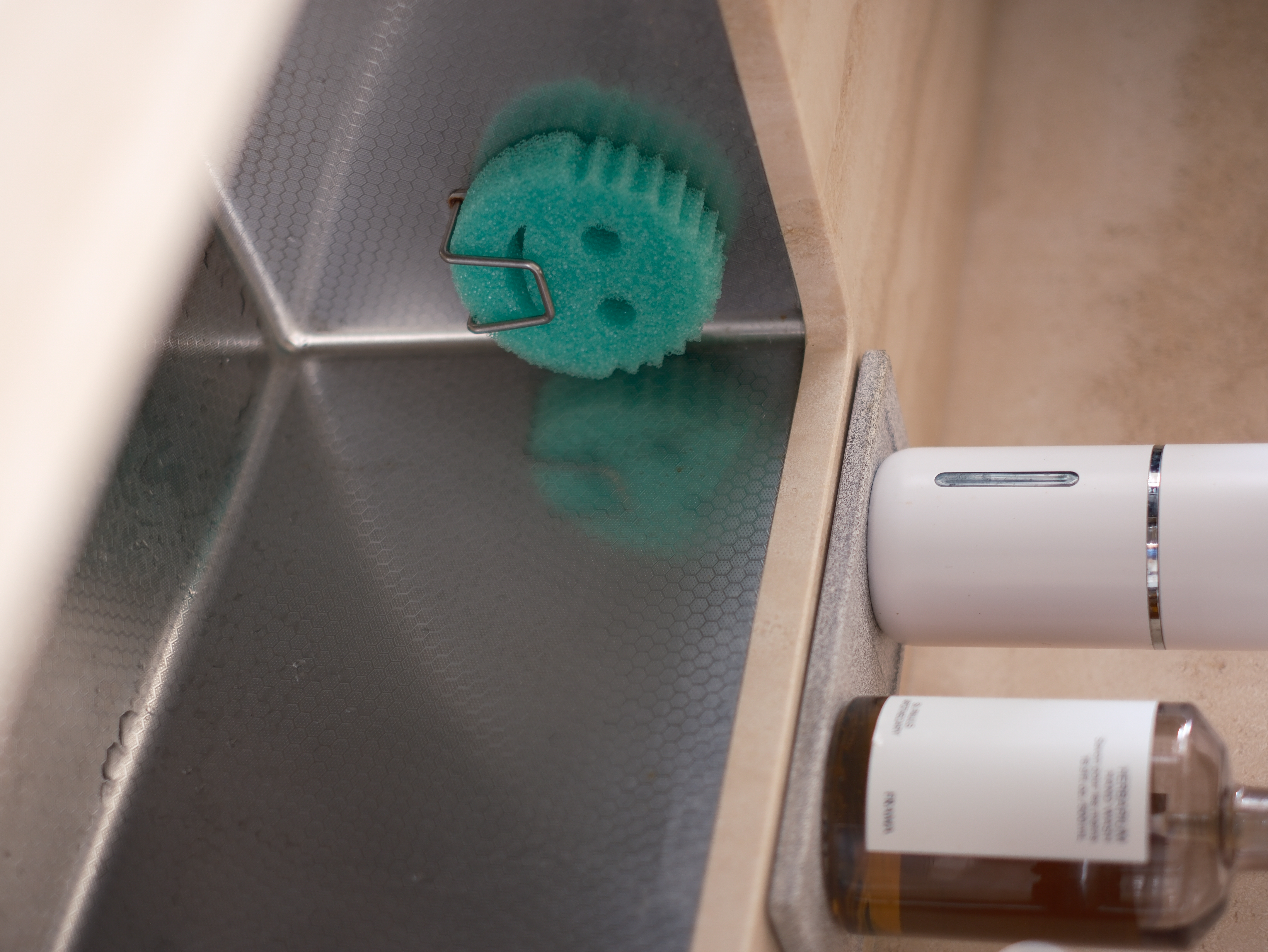 Keeping our Open Kitchen Clutter-free: Out of Sight, Out of Mind - Microfiber mop, green sponge, kitchen counter, dish