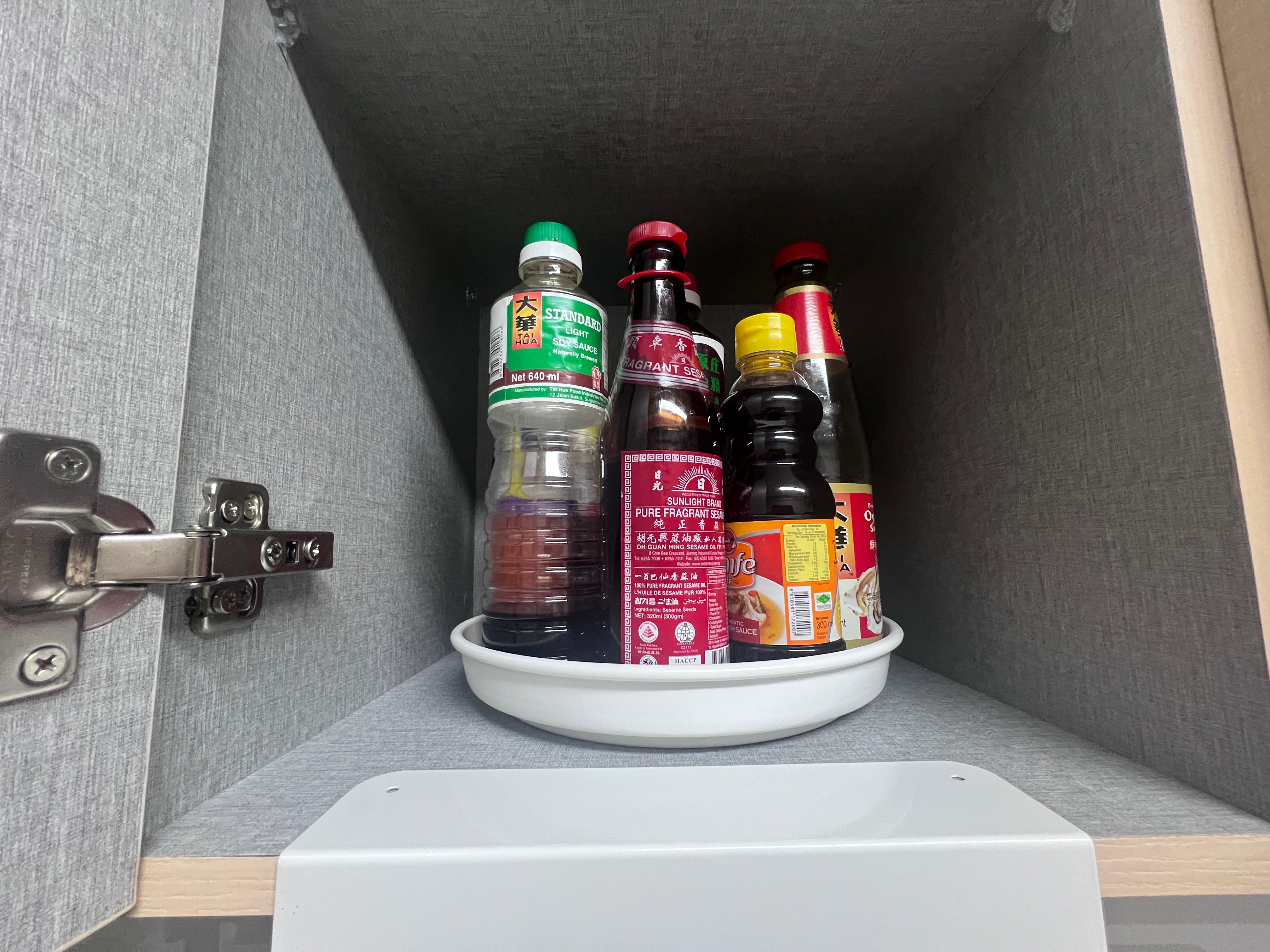 Kitchen Organization: Keeping it clutter free - Soy sauce, sesame oil, chili sauce, dark soy sauce, hot sauce, vinegar