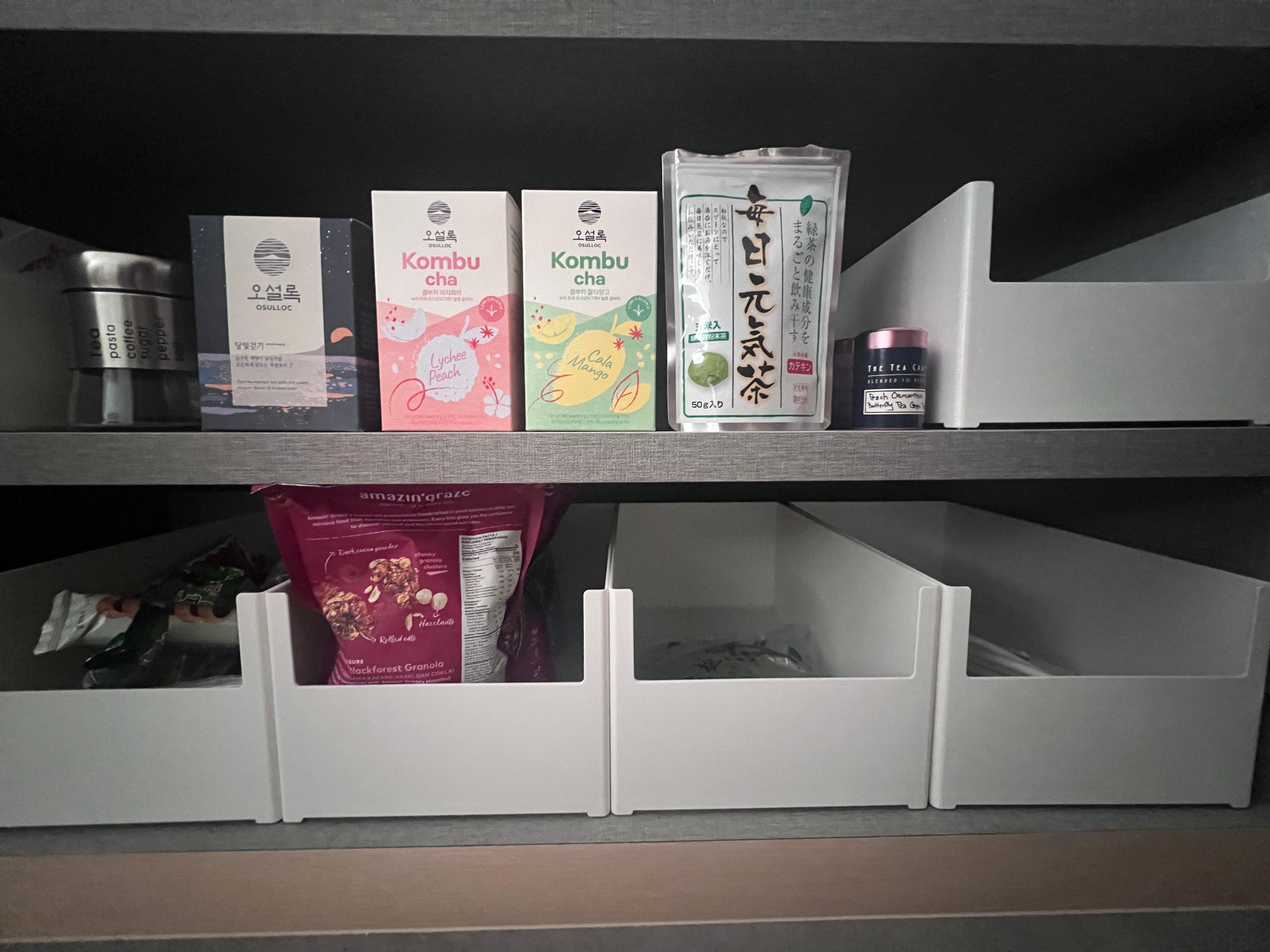 Kitchen Organization: Keeping it clutter free - Tea boxes, kombu tea, green tea, daily tea, lychee peach tea, cola mango tea