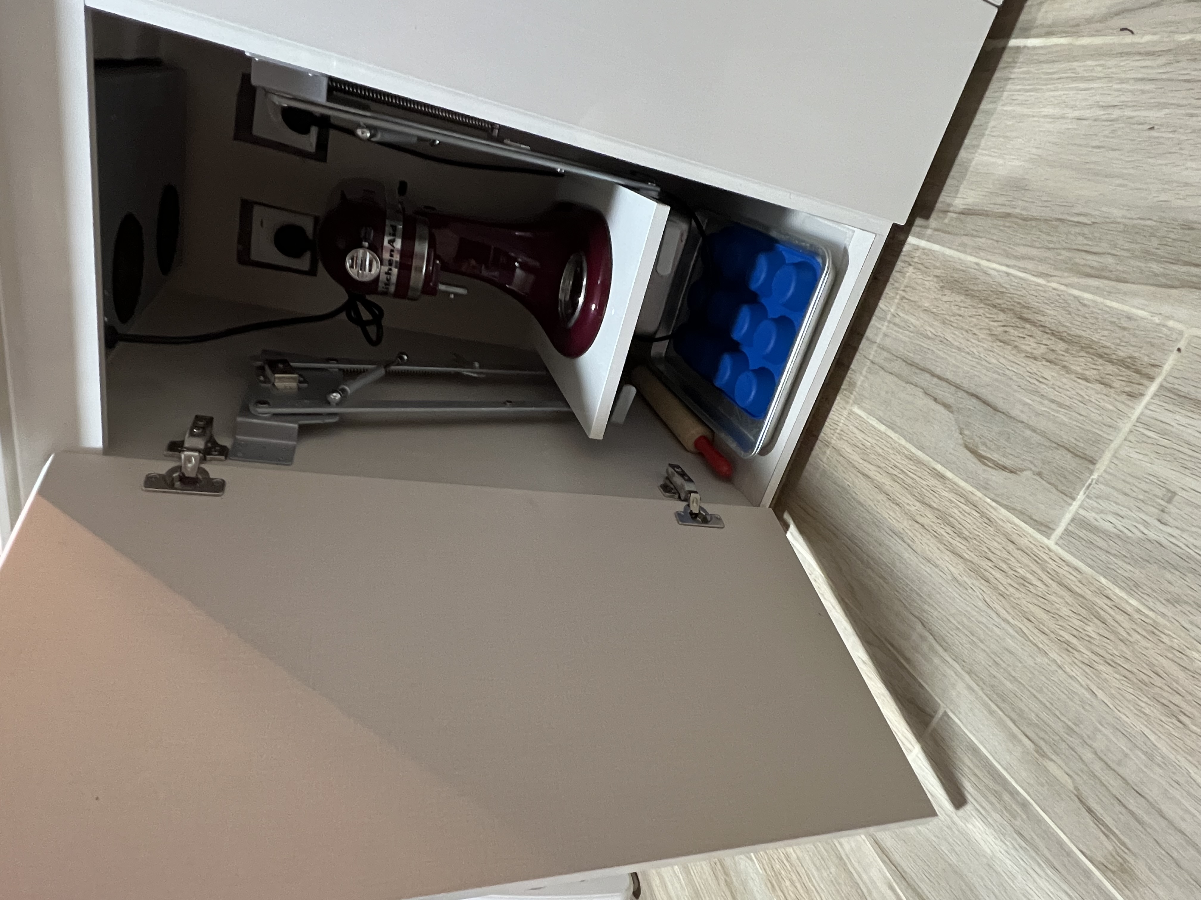Tricks to free up counter space  - Kitchen tool cabinet, countertop organizer, open drawer, kitchen tools storage, red mixer