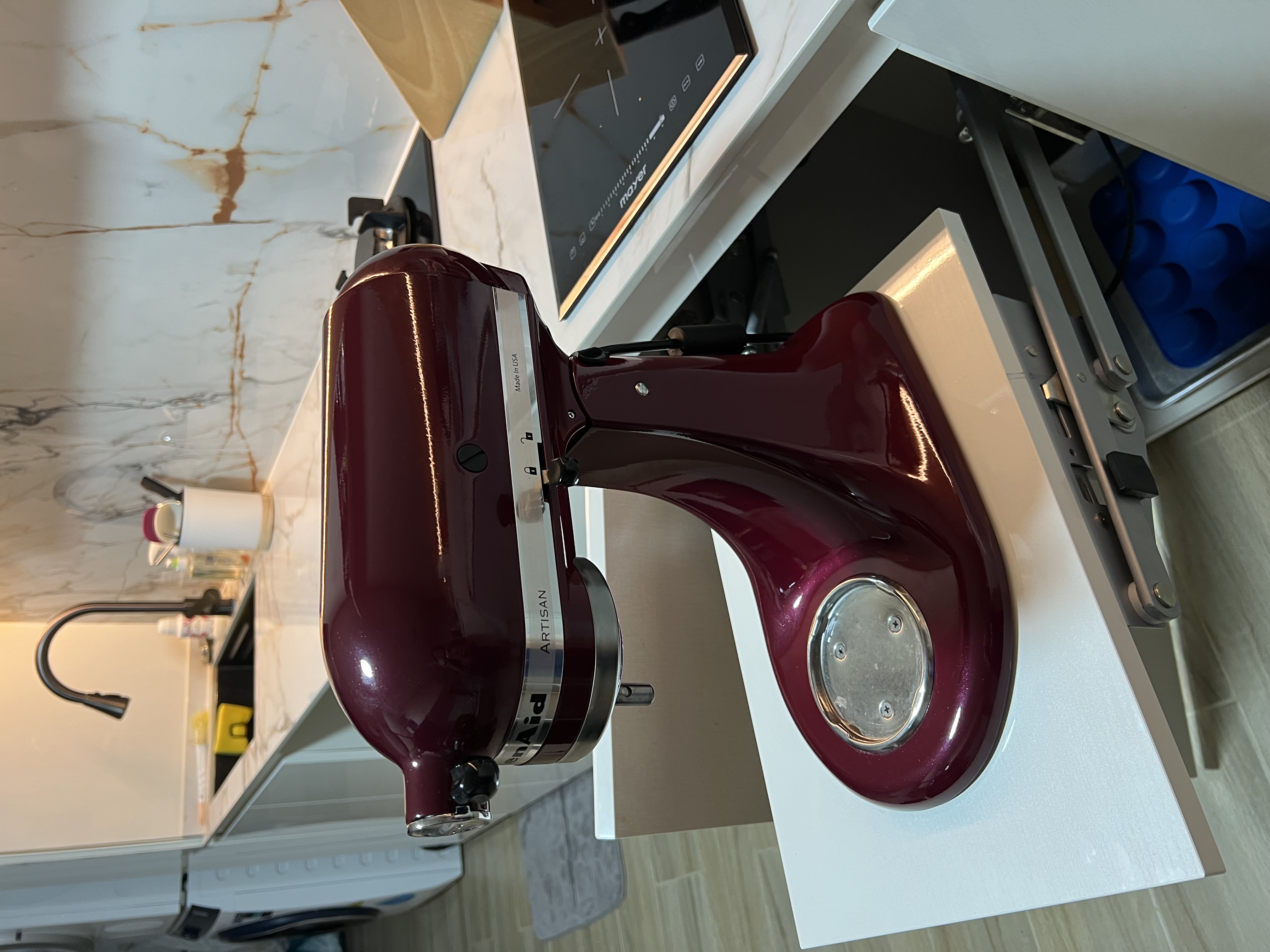 Tricks to free up counter space  - Maroon stand mixer, glossy finish, modern kitchen, sleek design, built-in oven, control