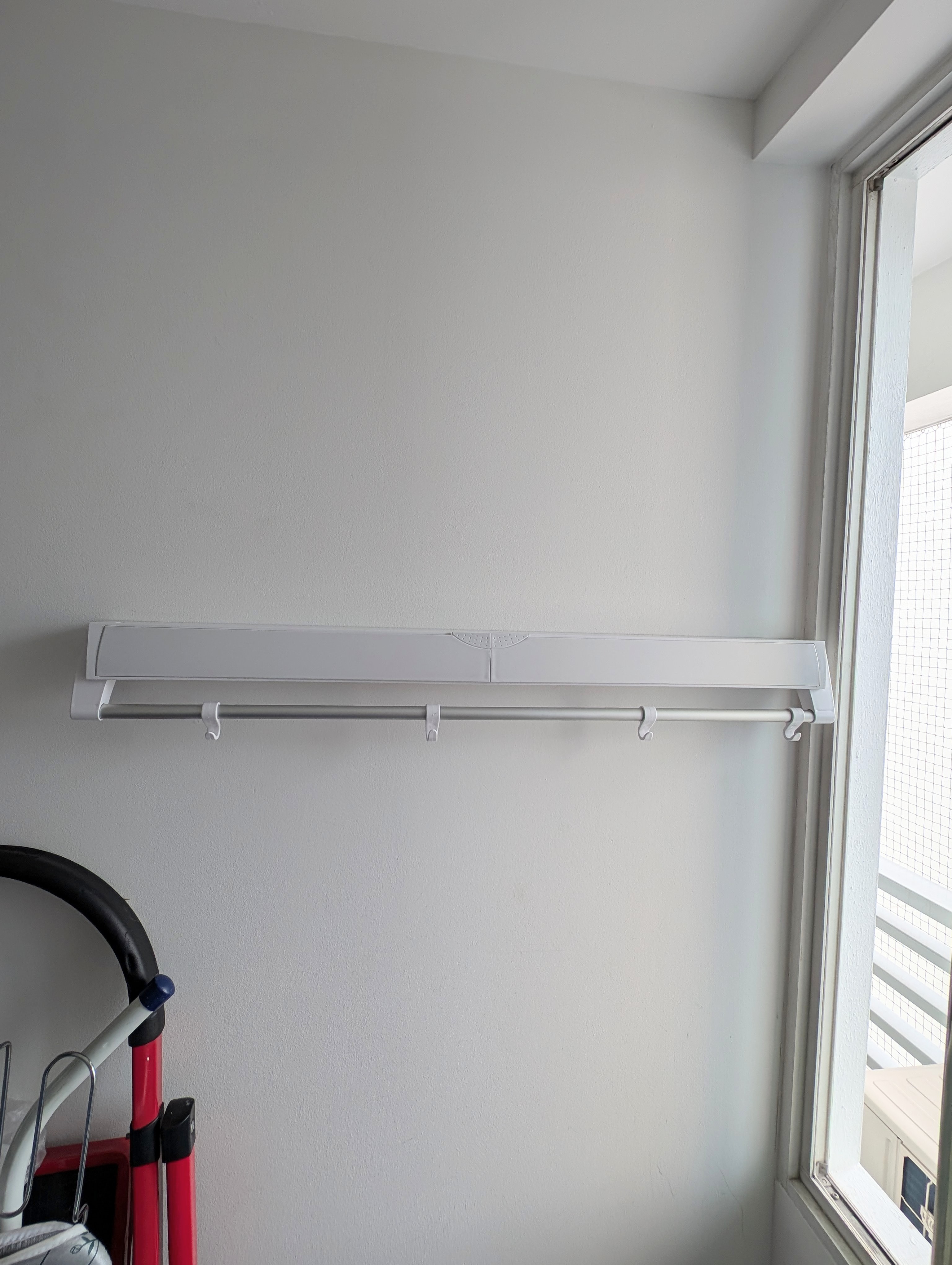 Our most unaesthetic post ever 😆 - White wall, window frame, white ceiling, light fixture, white shelf, metal rod, white