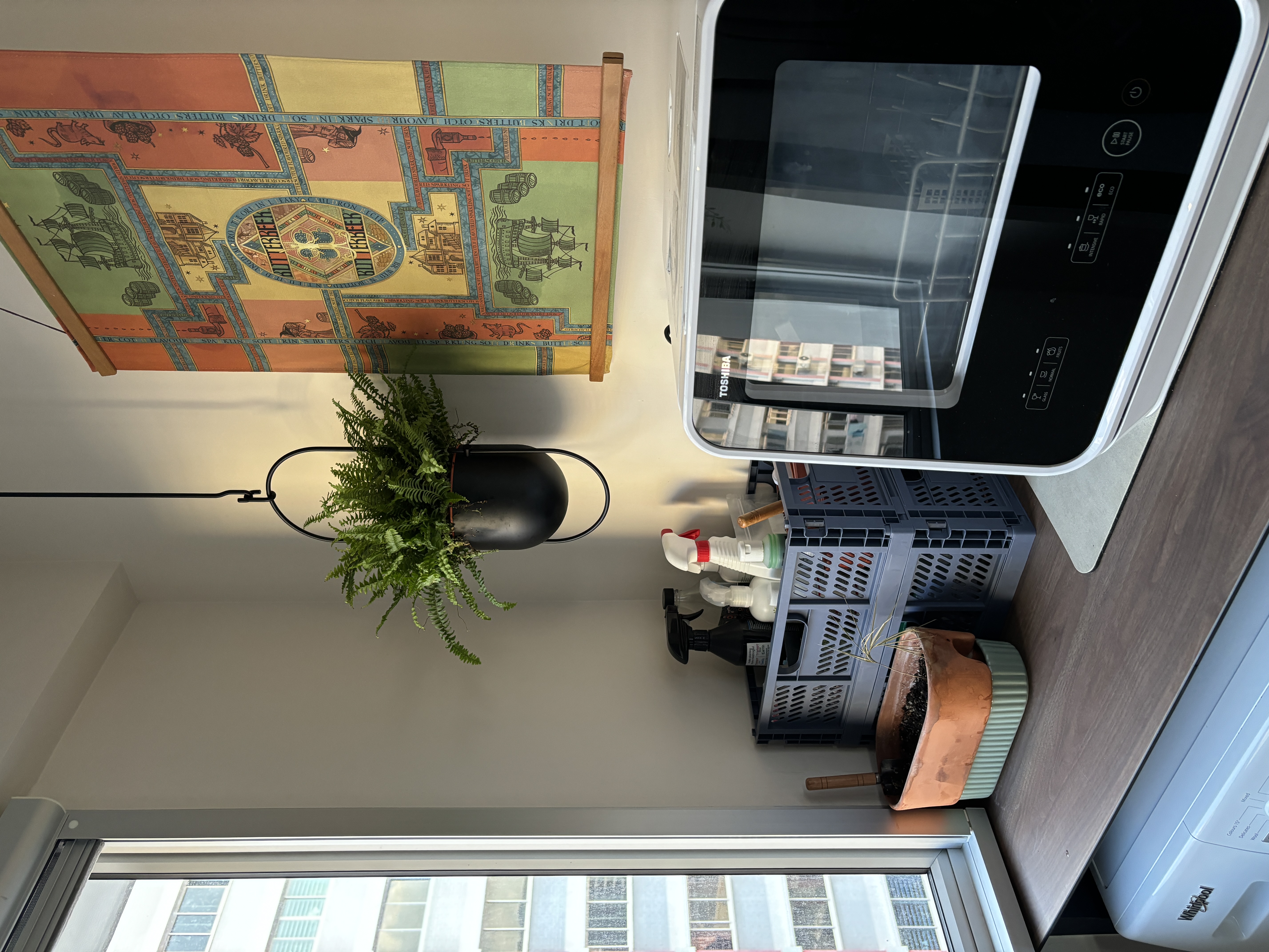 Organising Our Plant Care Corner - vintage decor, colorful tapestry, hanging plant, modern kitchen, white appliance, black