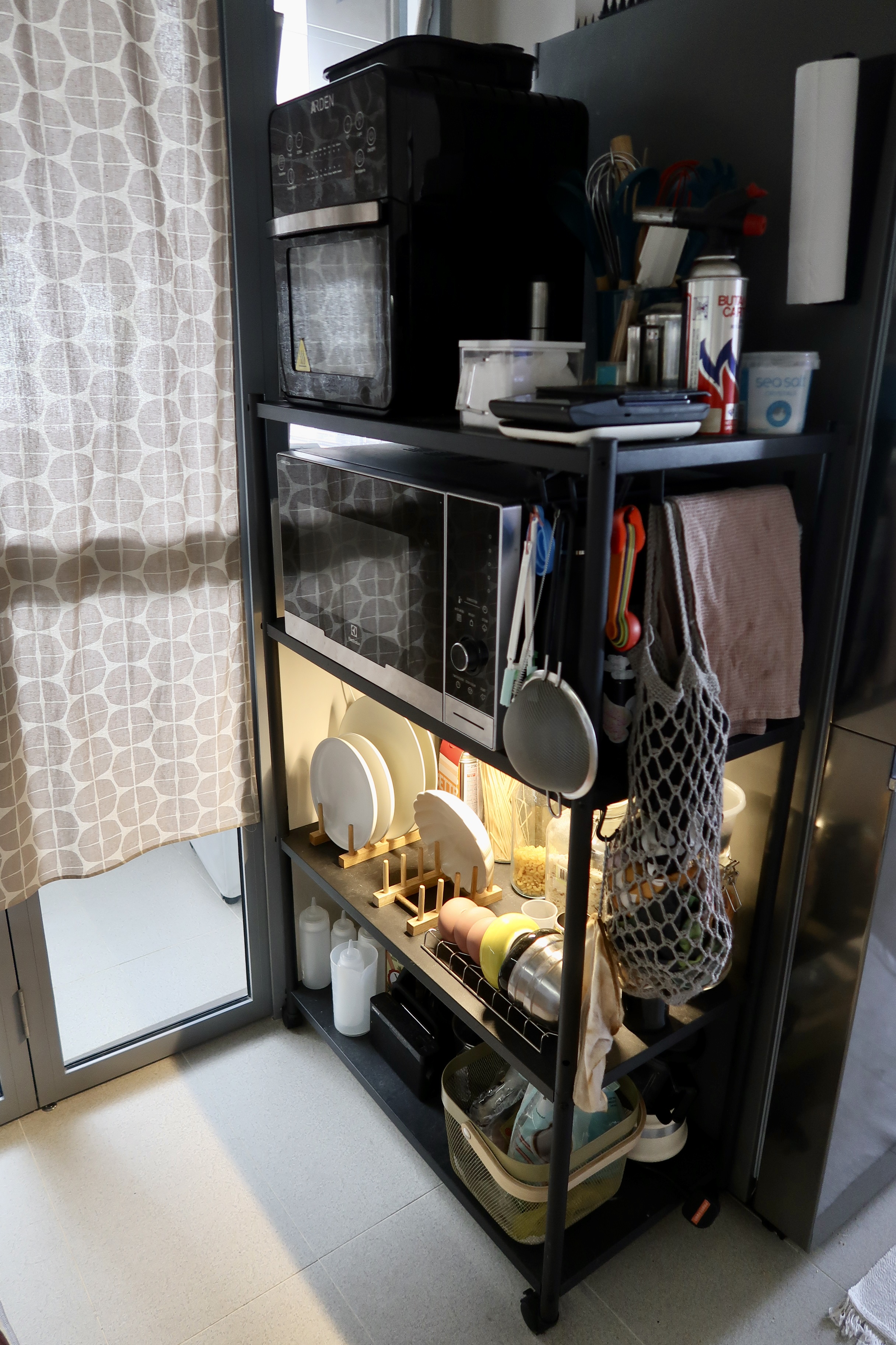 Affordable Ways We Organise Our Minimal Kitchen - microwave, kitchen cabinet, dish rack, glass door, countertop, kitchen