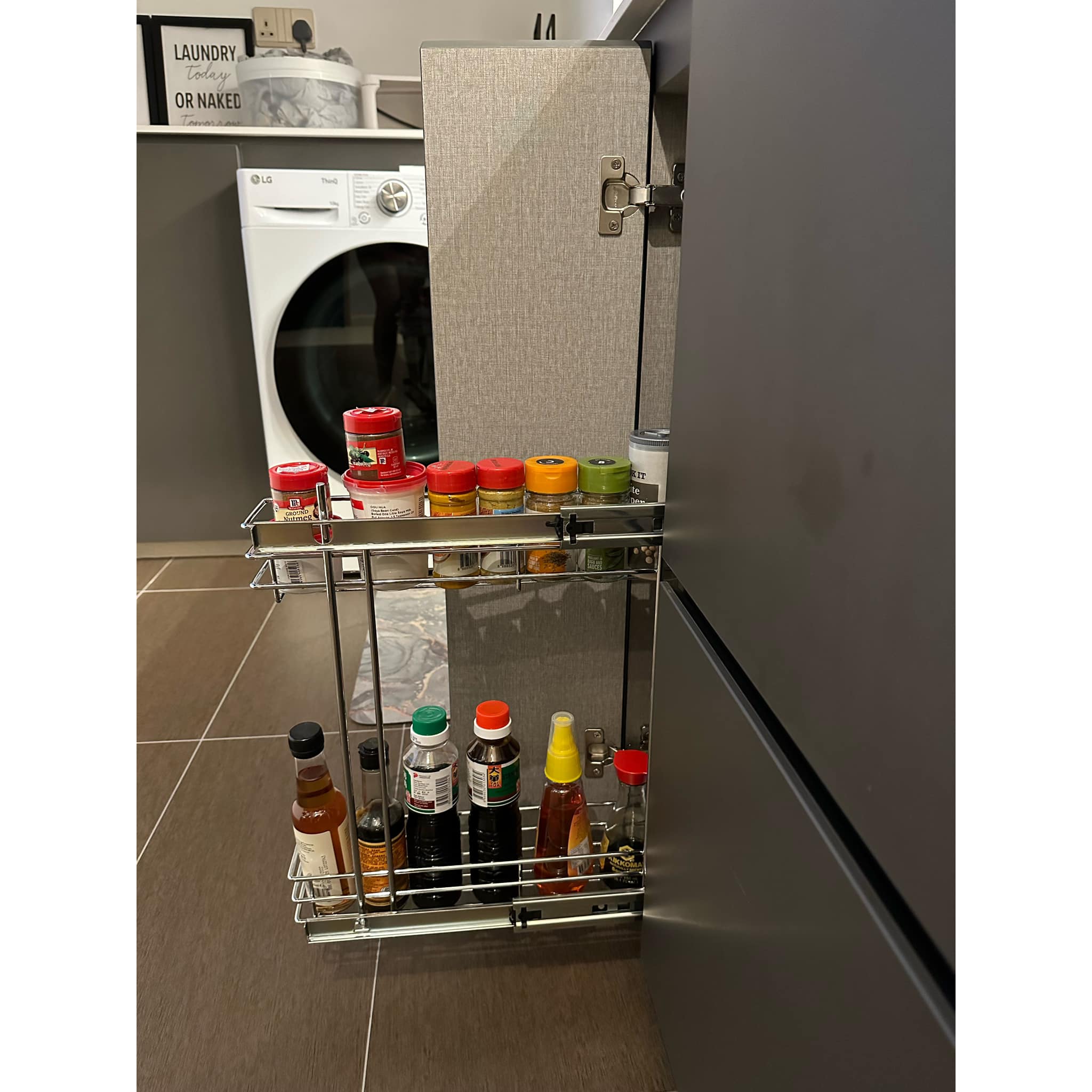 The Allure Of A Hoodless Kitchen Design- No Hood, No problem! - Laundry basket, kitchen cabinet, spice rack, kitchen