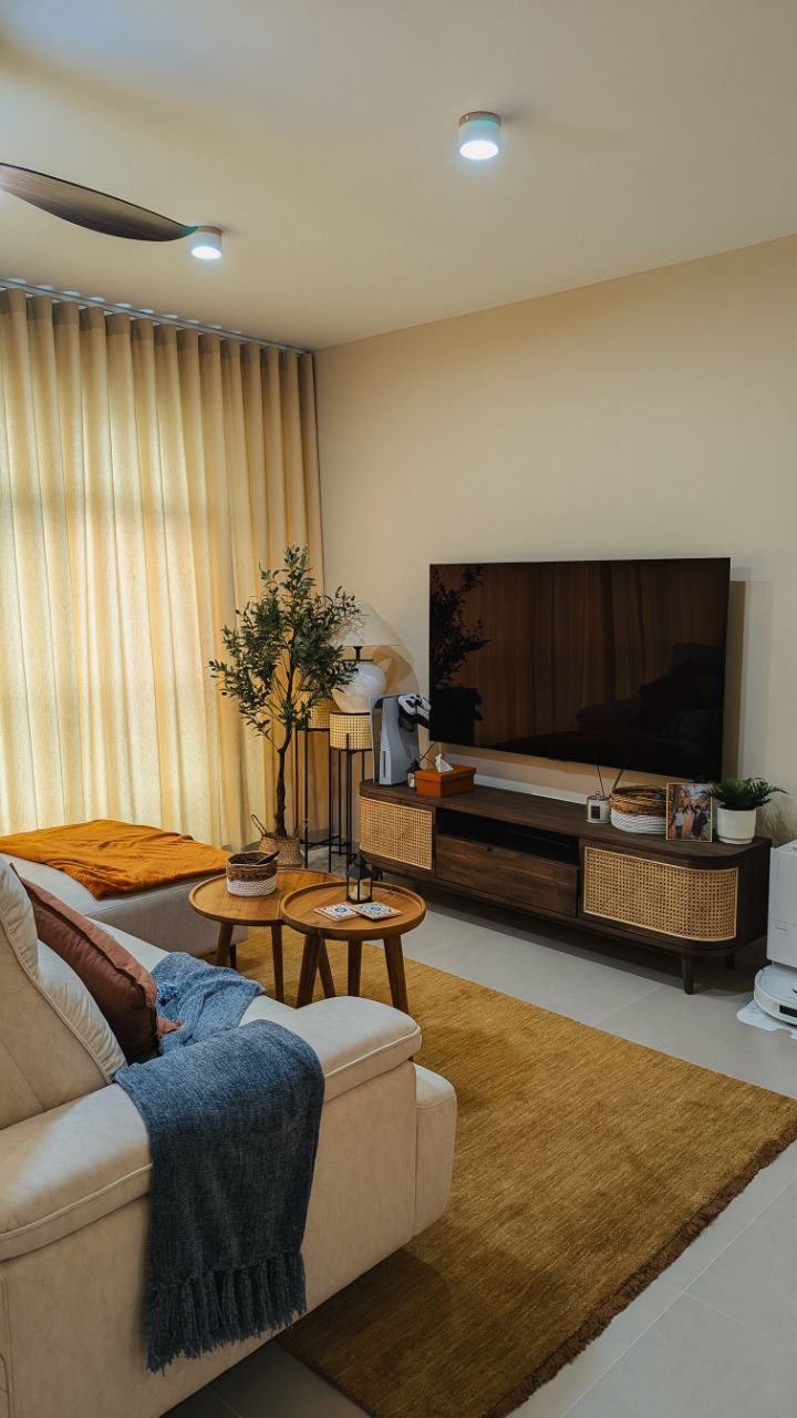 Step inside our warm and cozy 5 room Mediterranean home  - Cream sofa, beige curtains, wooden coffee table, blue throw