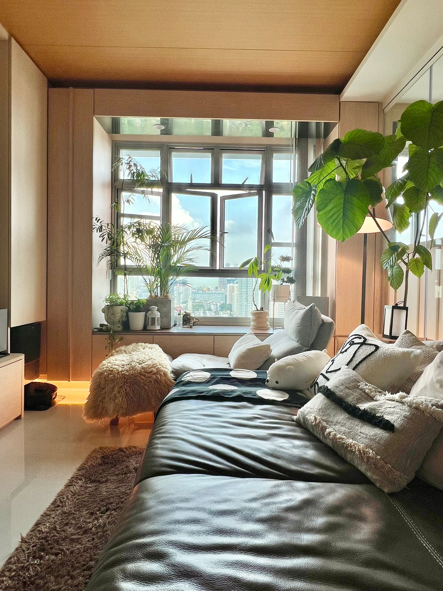 Blending Timeless Elegance: Our own Japanese-Inspired Modern Home - Modern living room, cozy bedroom, large window, cityscape