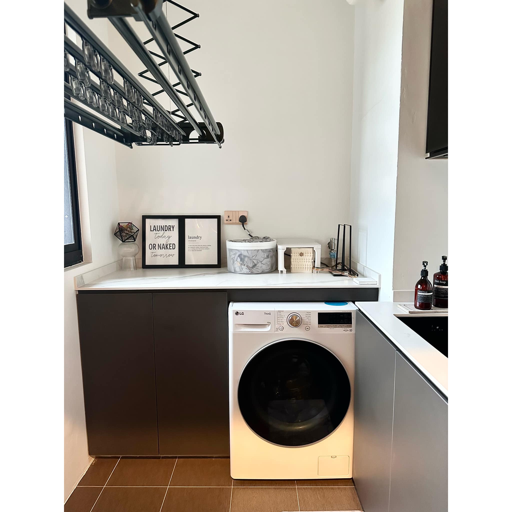 Maximising A Small Yet Functional Service Yard In Our Kitchen - laundry basket, modern kitchen, white cabinets, black