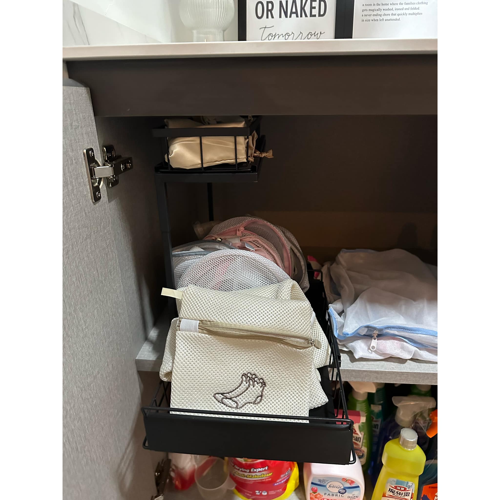 Maximising A Small Yet Functional Service Yard In Our Kitchen - Storage space, neatly organized, drawer, beige bag, laundry