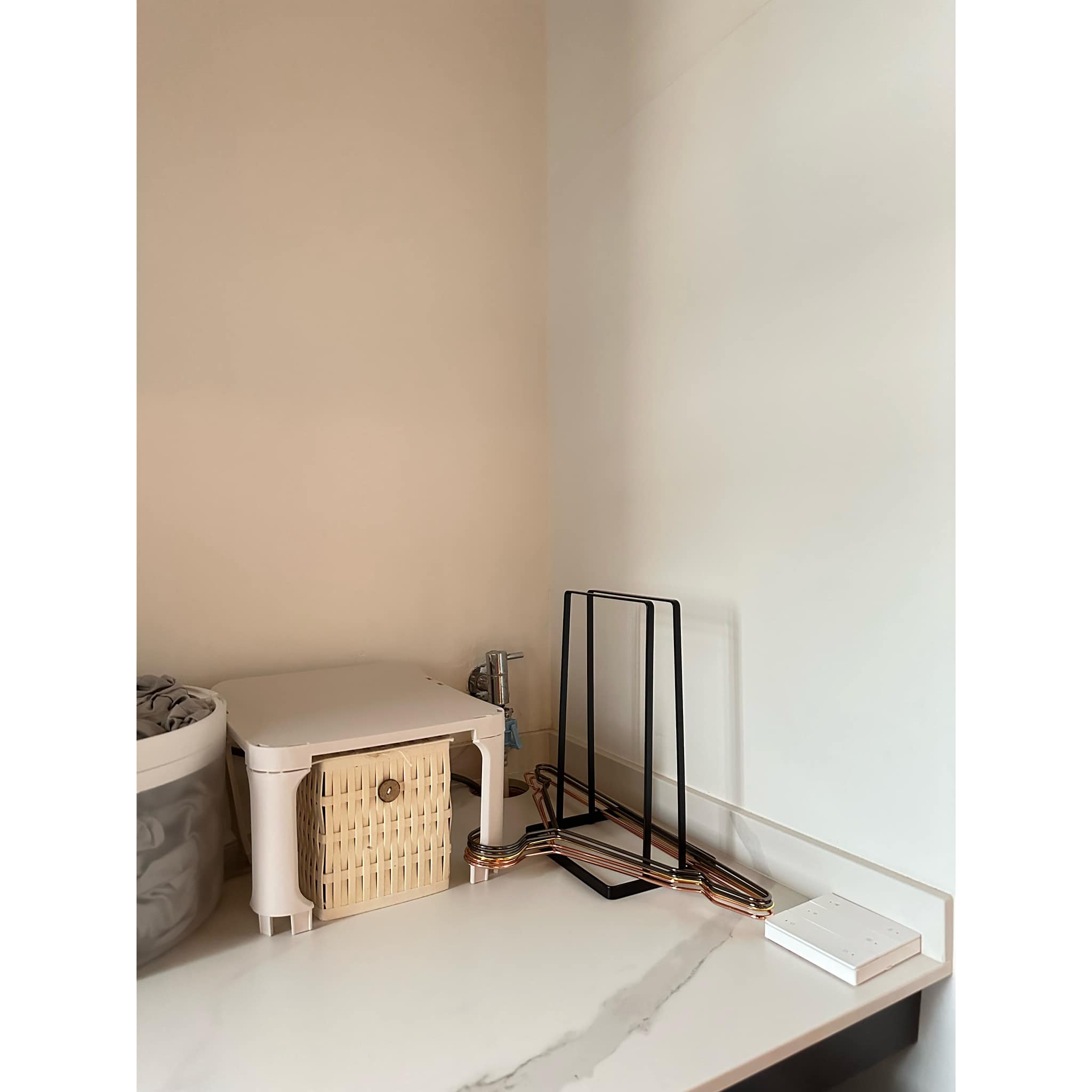 Maximising A Small Yet Functional Service Yard In Our Kitchen - White marble countertop, modern kitchen sink, beige wall